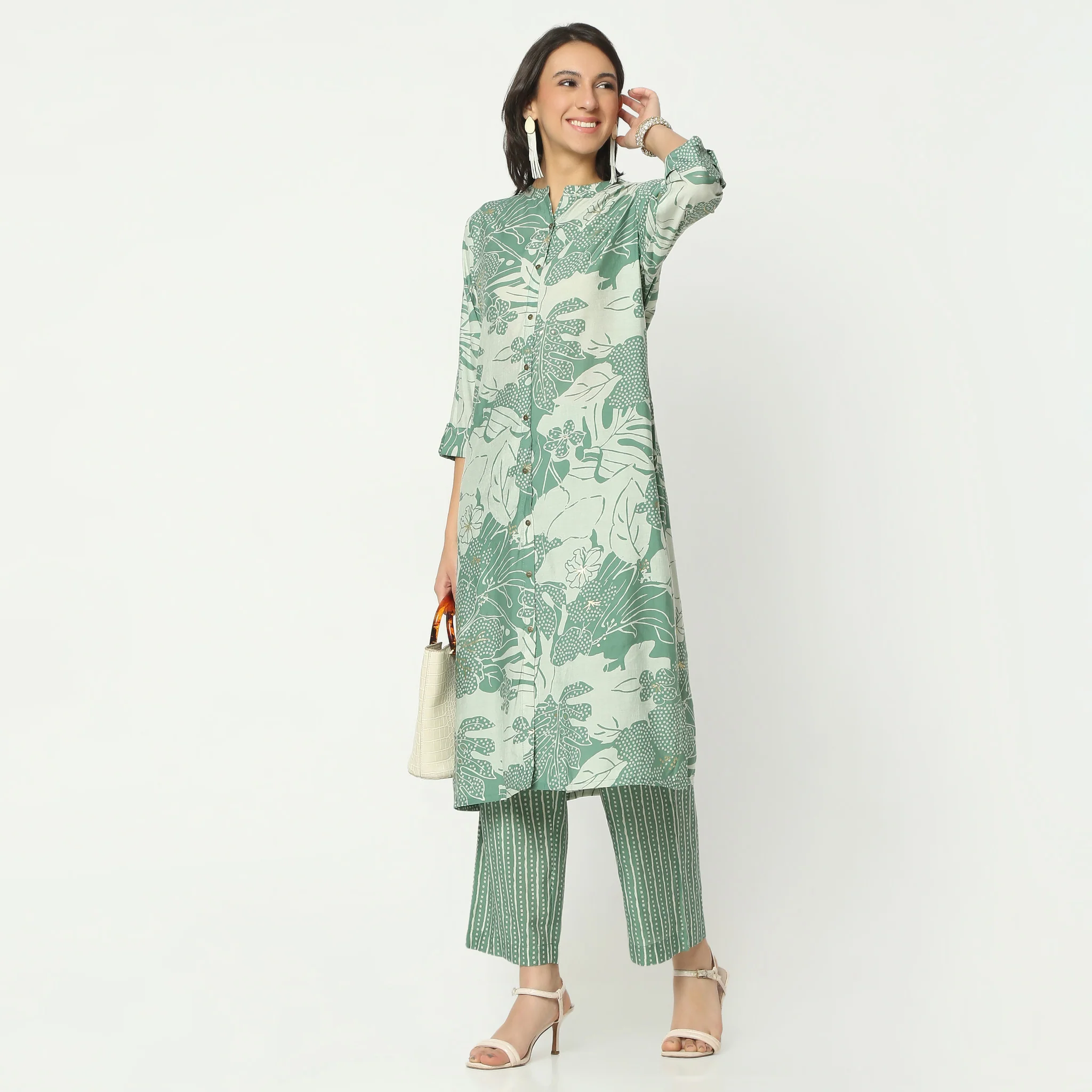 Printed Band Collar Kurta With Pant Set
