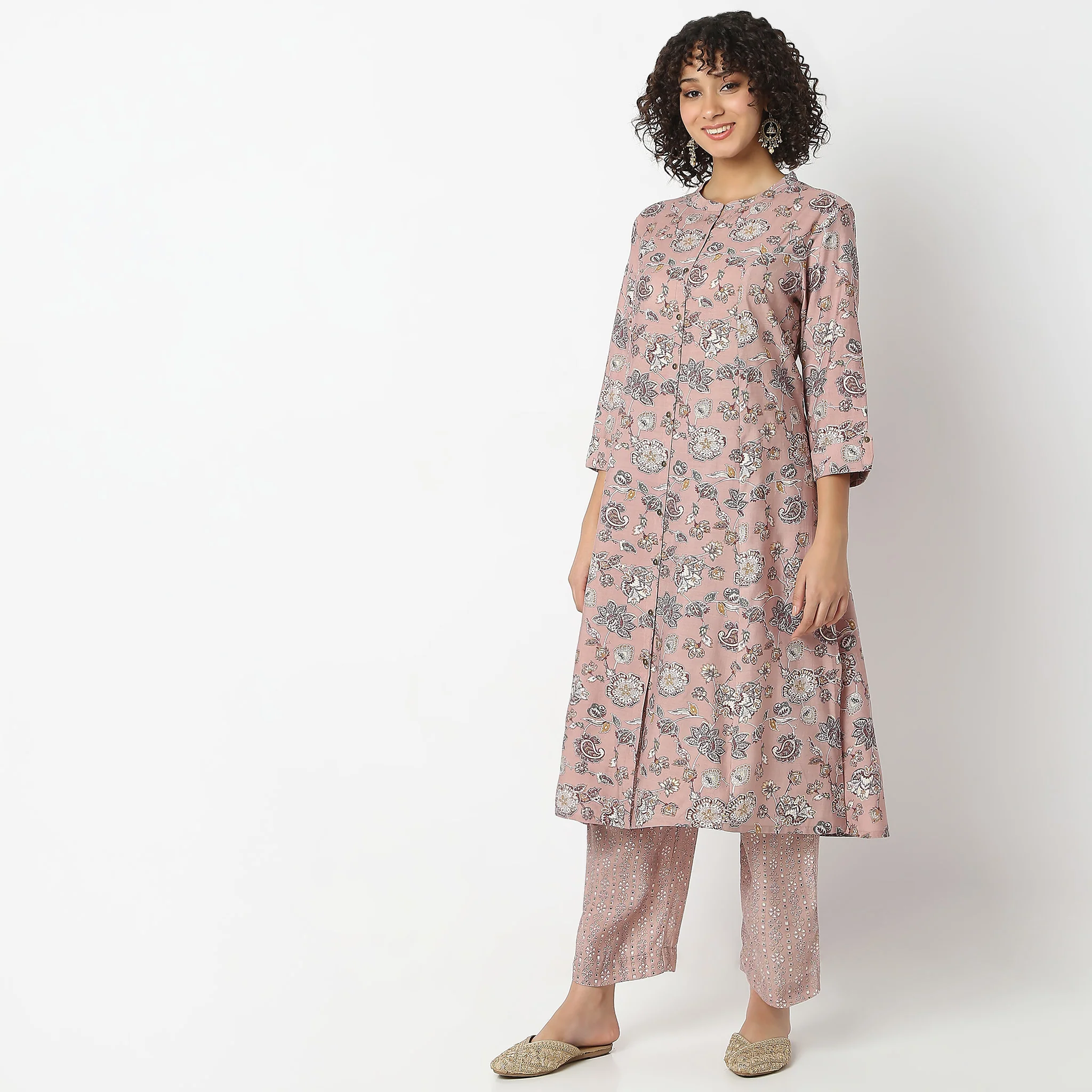Floral Print Calf Length A-Line Kurta With Pant Set - Image 5