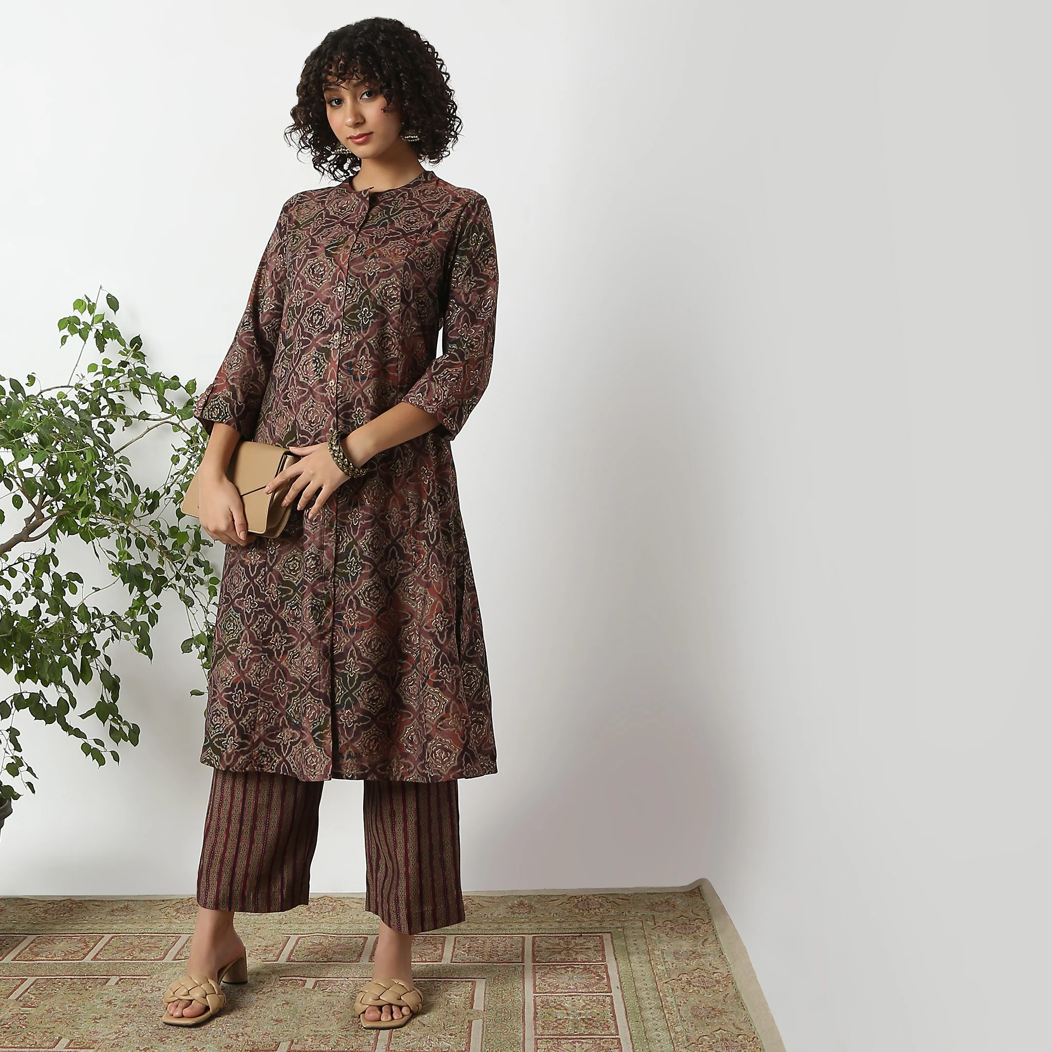 Regular Fit Printed Band Neck A-Line Kurta With Pant Set