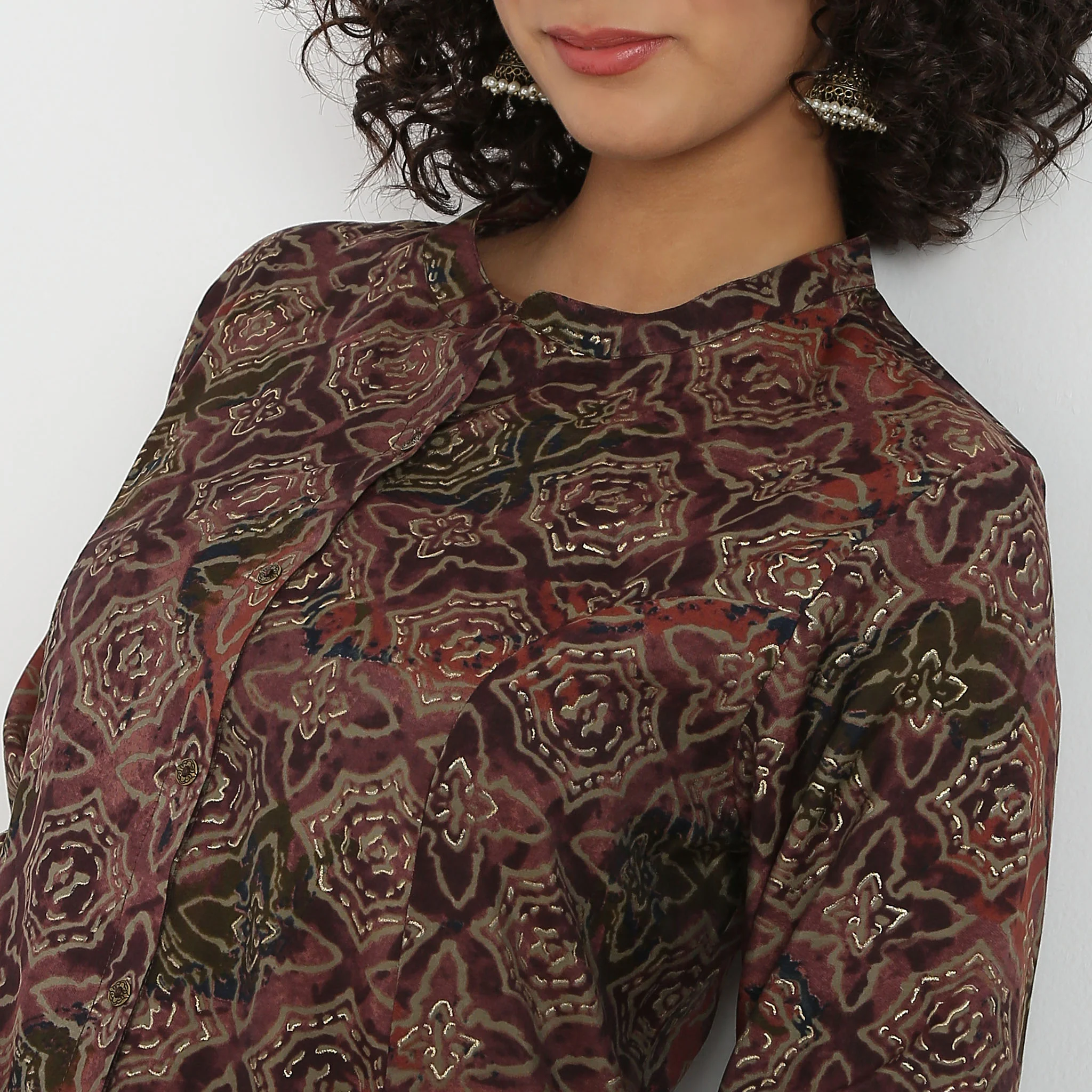 Regular Fit Printed Band Neck A-Line Kurta With Pant Set - Image 4