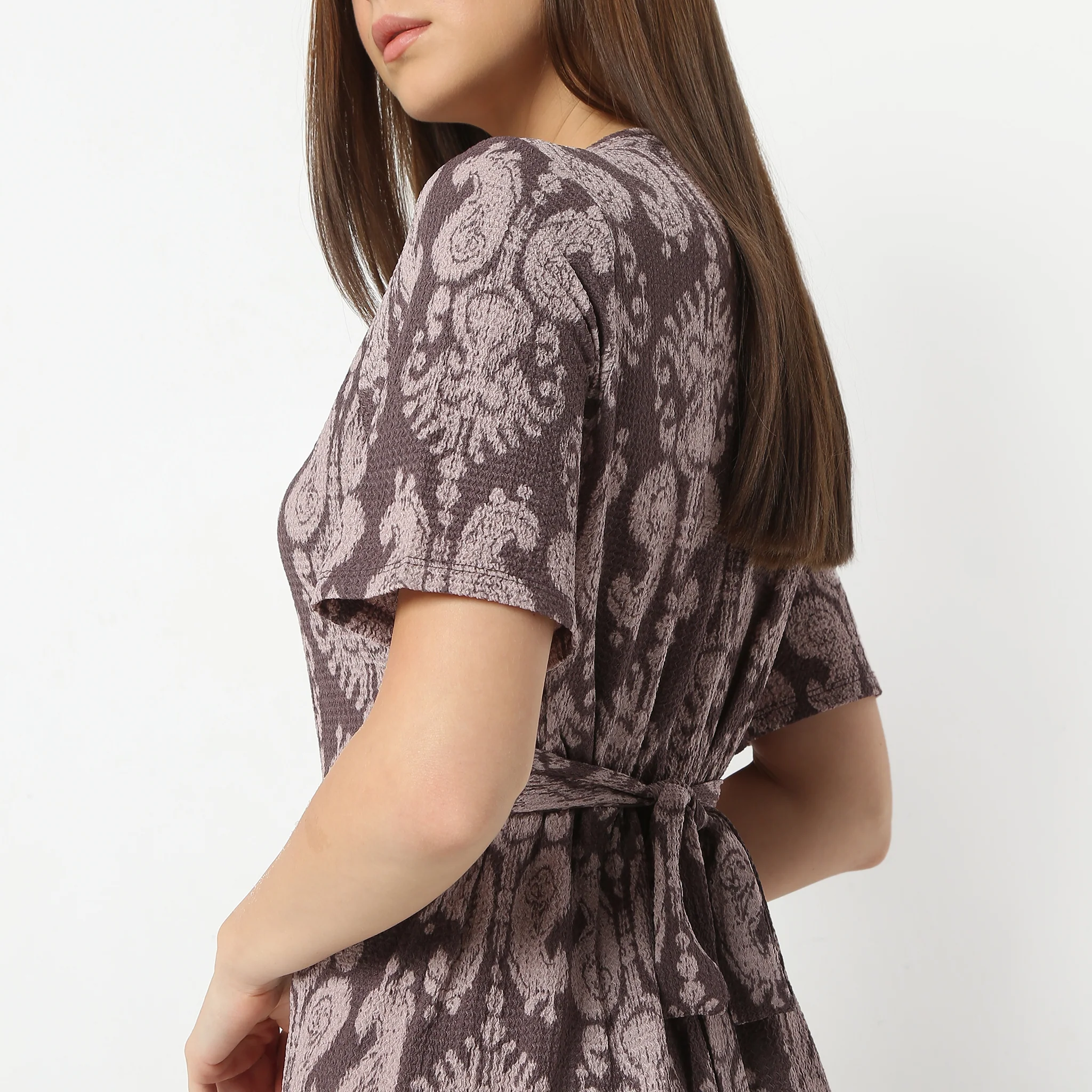 Printed Calf Length V-Neck Short Sleeve Dress - Image 9