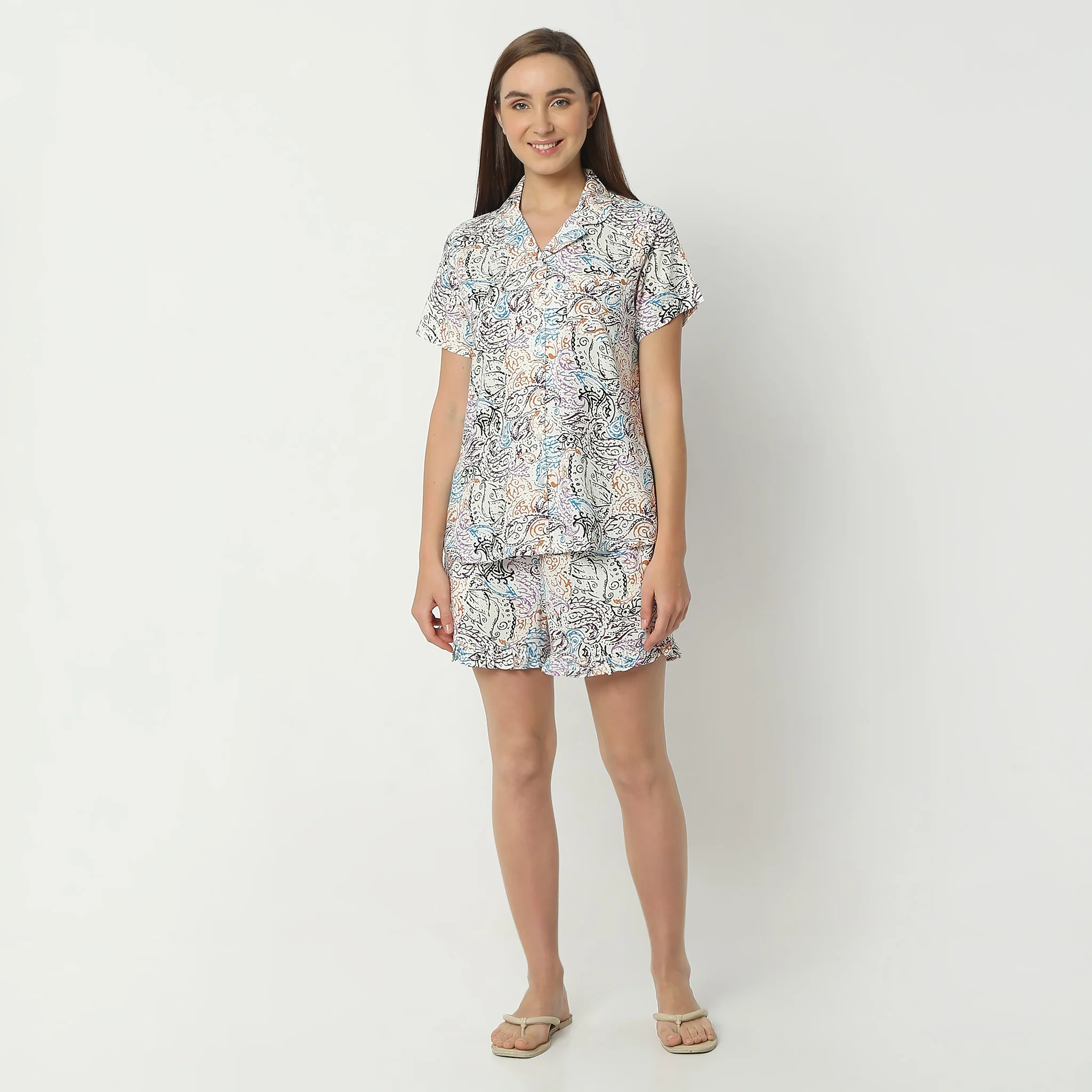 Printed Camp Collar Short Sleeve Shirt With Shorts Sleepwear Set - Image 2