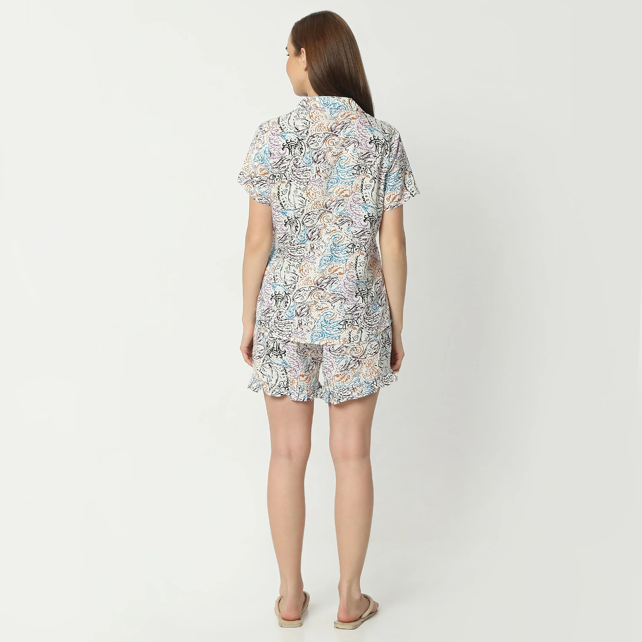 Printed Camp Collar Short Sleeve Shirt With Shorts Sleepwear Set - Image 3