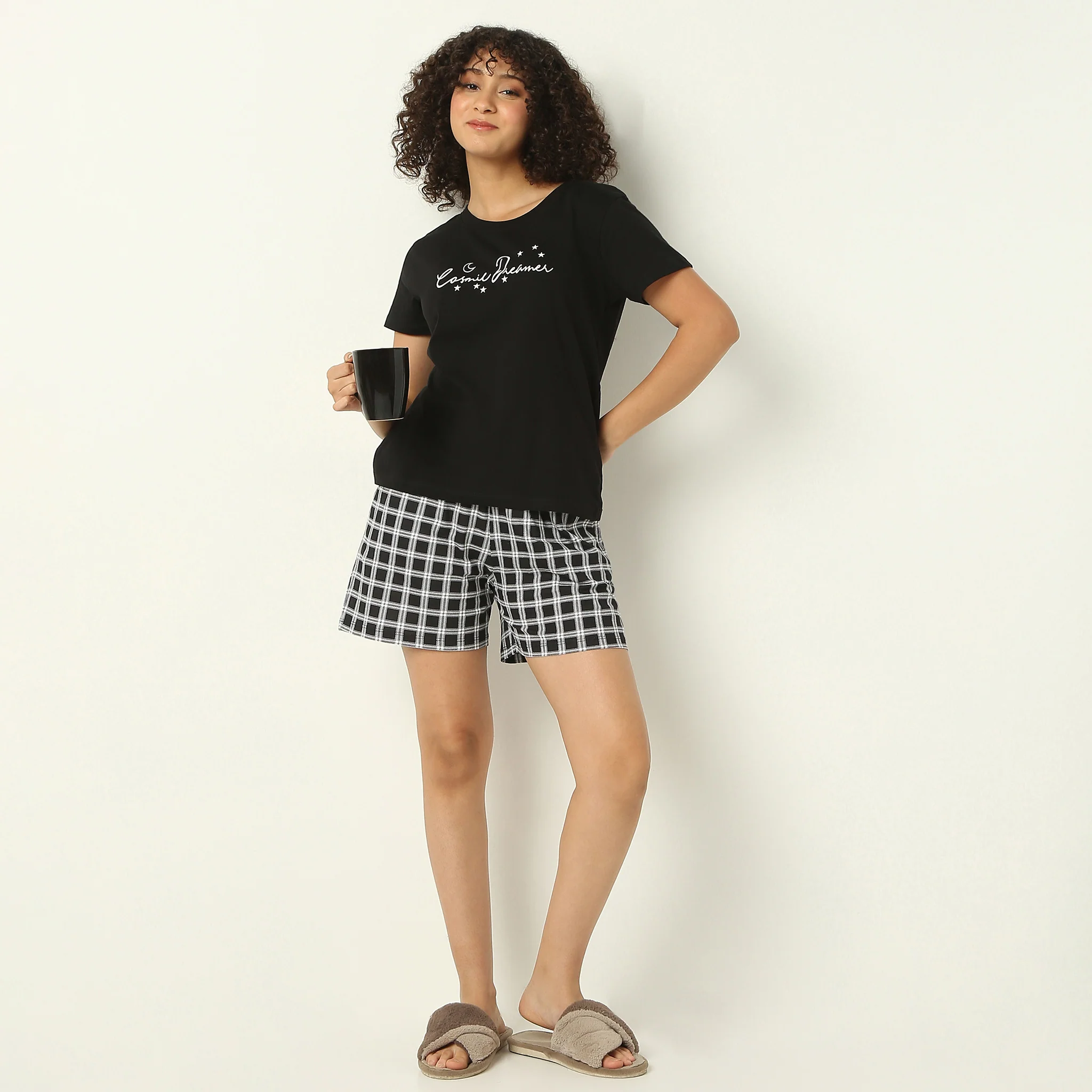 Crew Neck Short Sleeve Cotton Slogan Graphic Printed Lounge T-Shirt