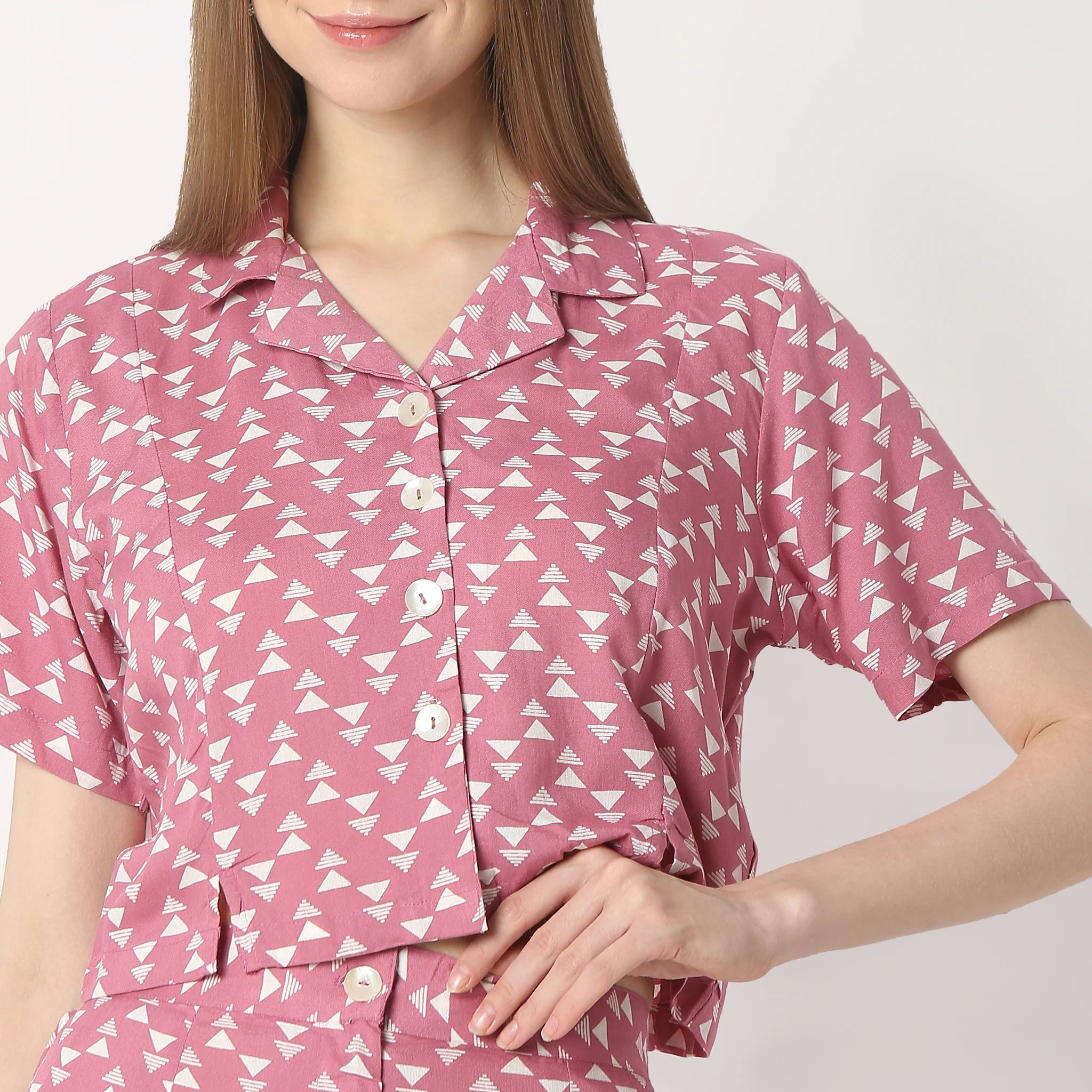 Printed Camp Collar Short Sleeve Crop Top - Image 4