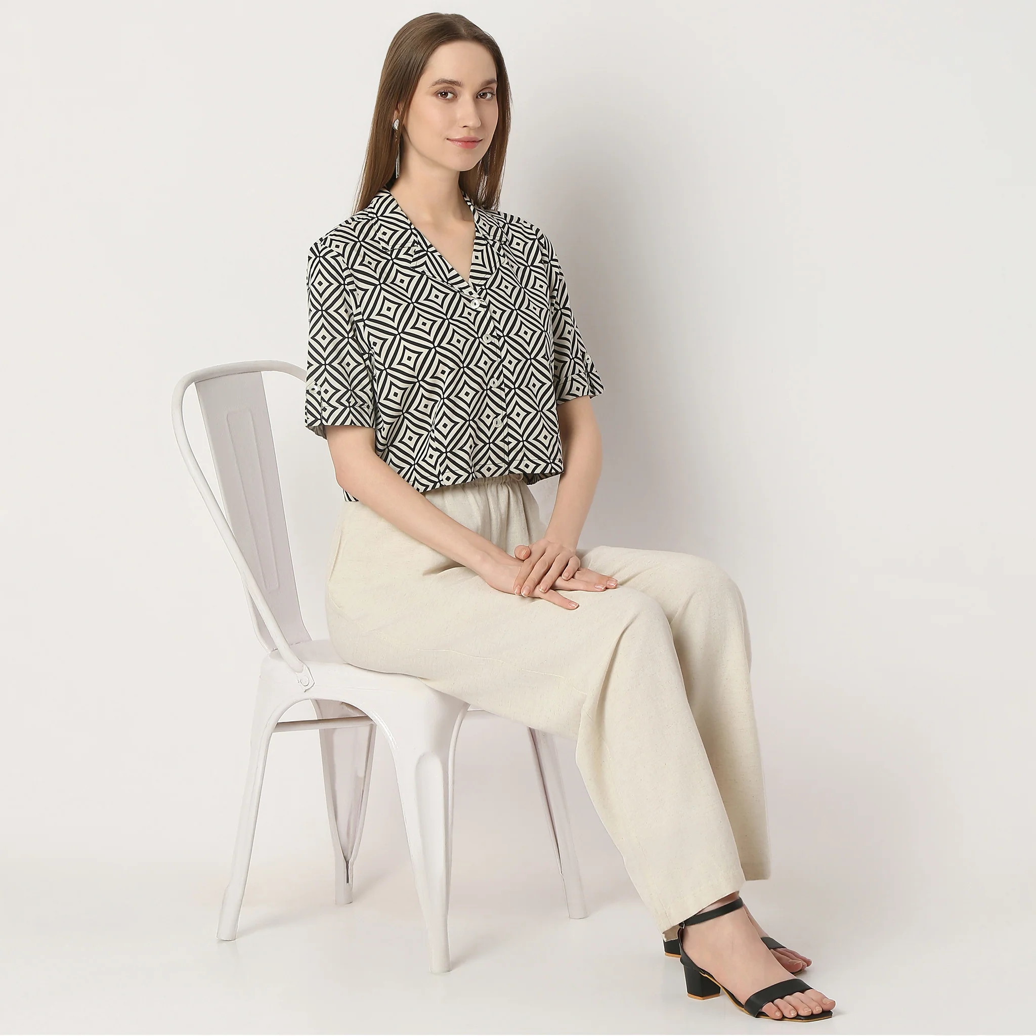 Printed Camp Collar Short Sleeve Crop Top