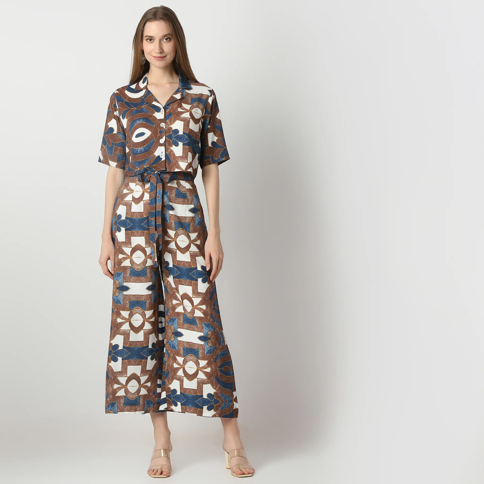 Printed Lapel Collar Short Sleeve Crop Top - Image 2