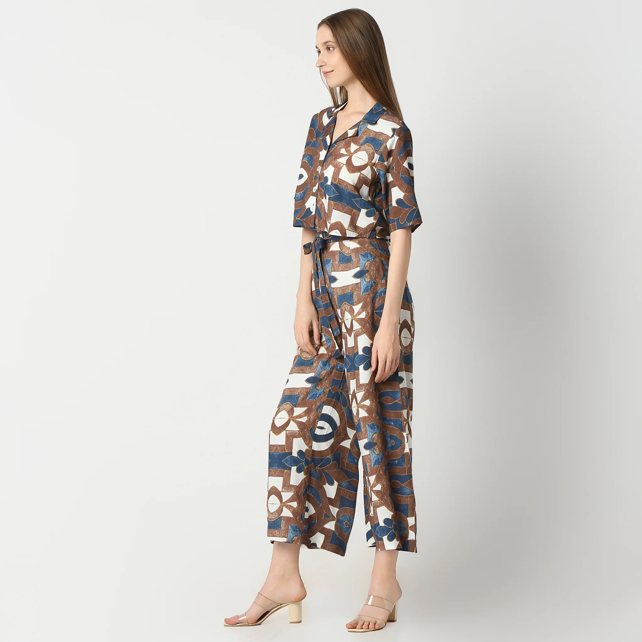 Printed Lapel Collar Short Sleeve Crop Top - Image 5