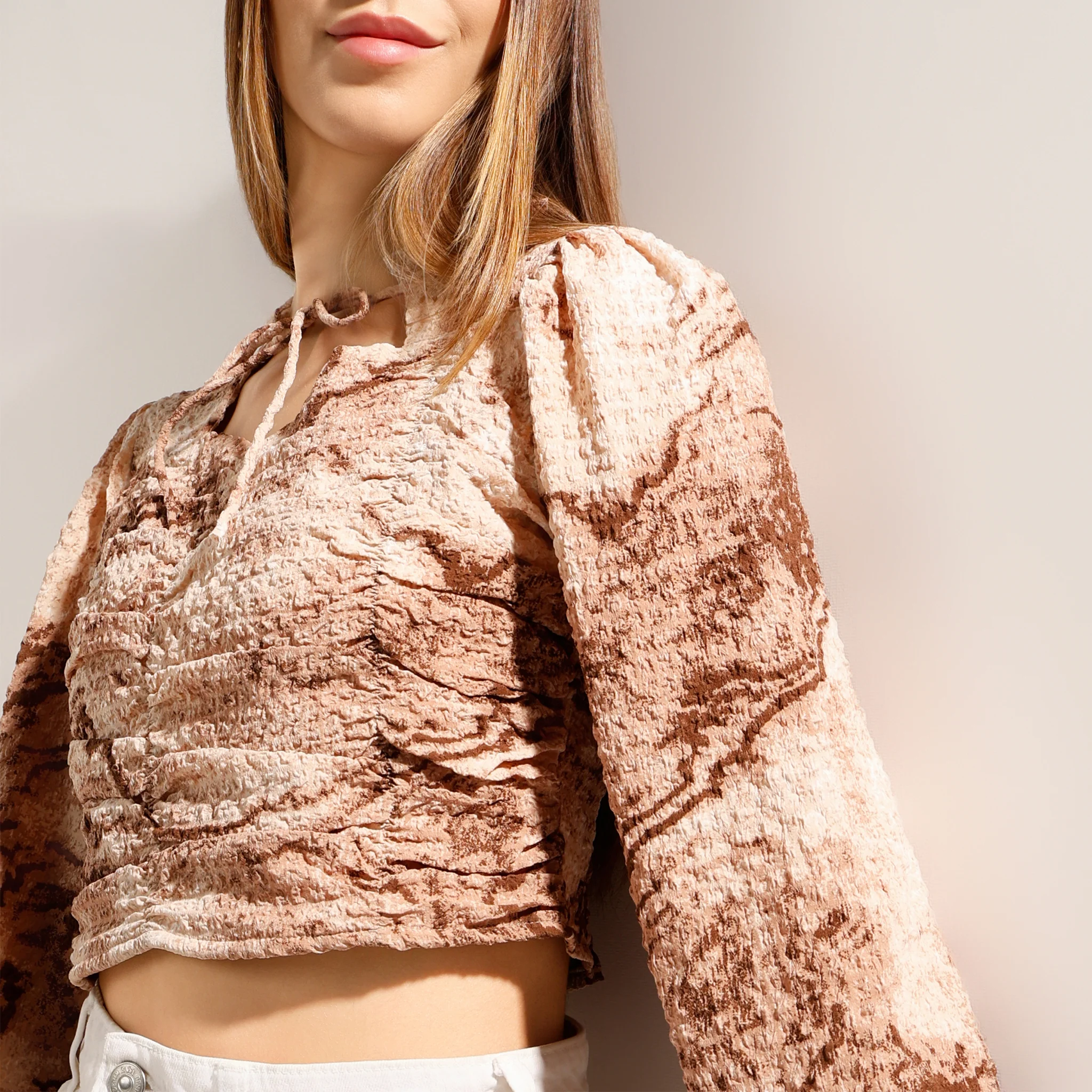 Printed Tie-Up Neck Full Sleeve Crop Top - Image 4