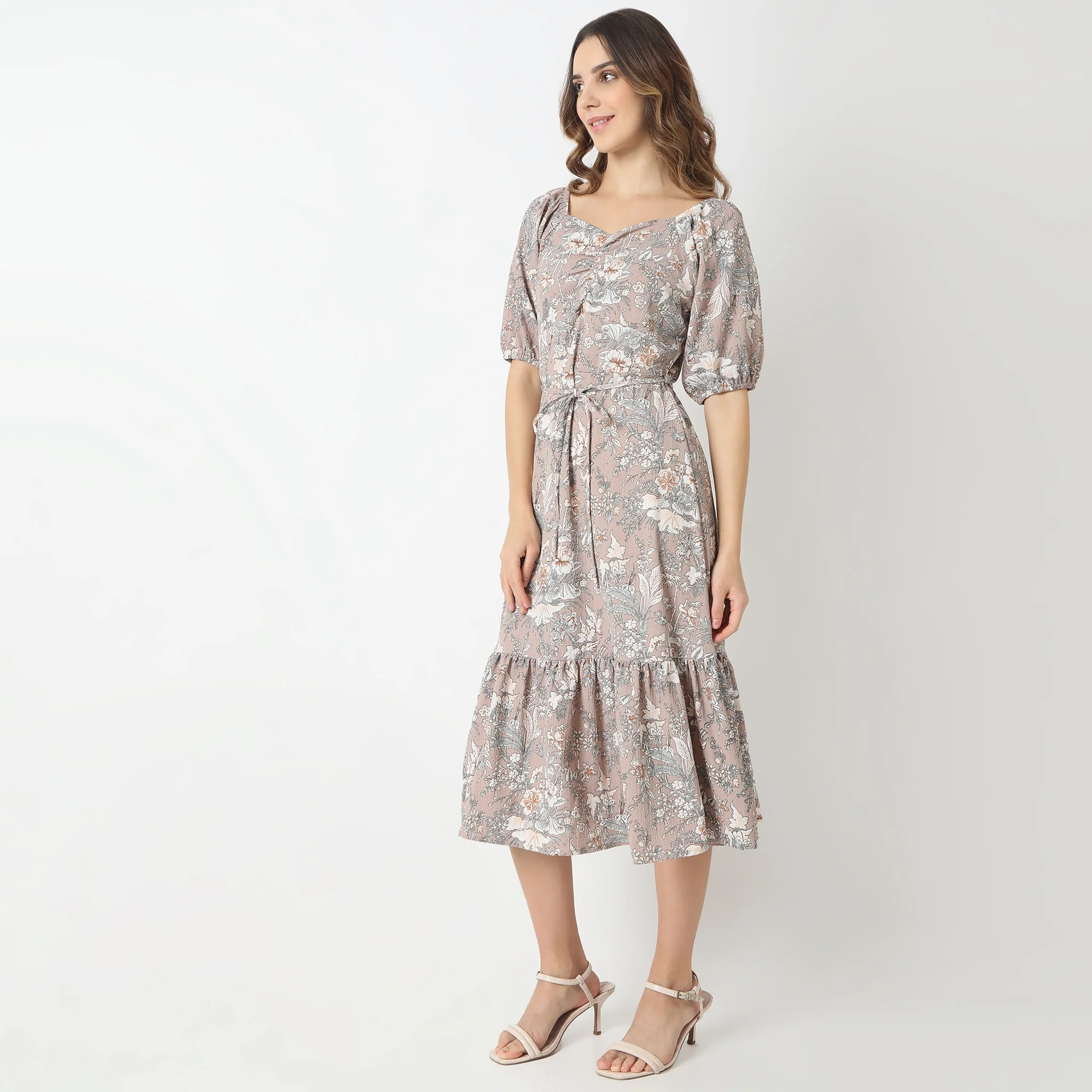 Floral Print Sweetheart Neck Knee Length Dress - Image 9