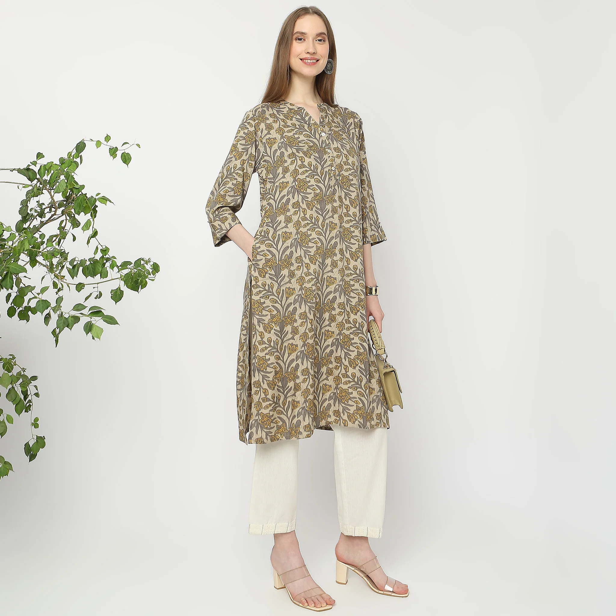 Printed Band Neck Kurta