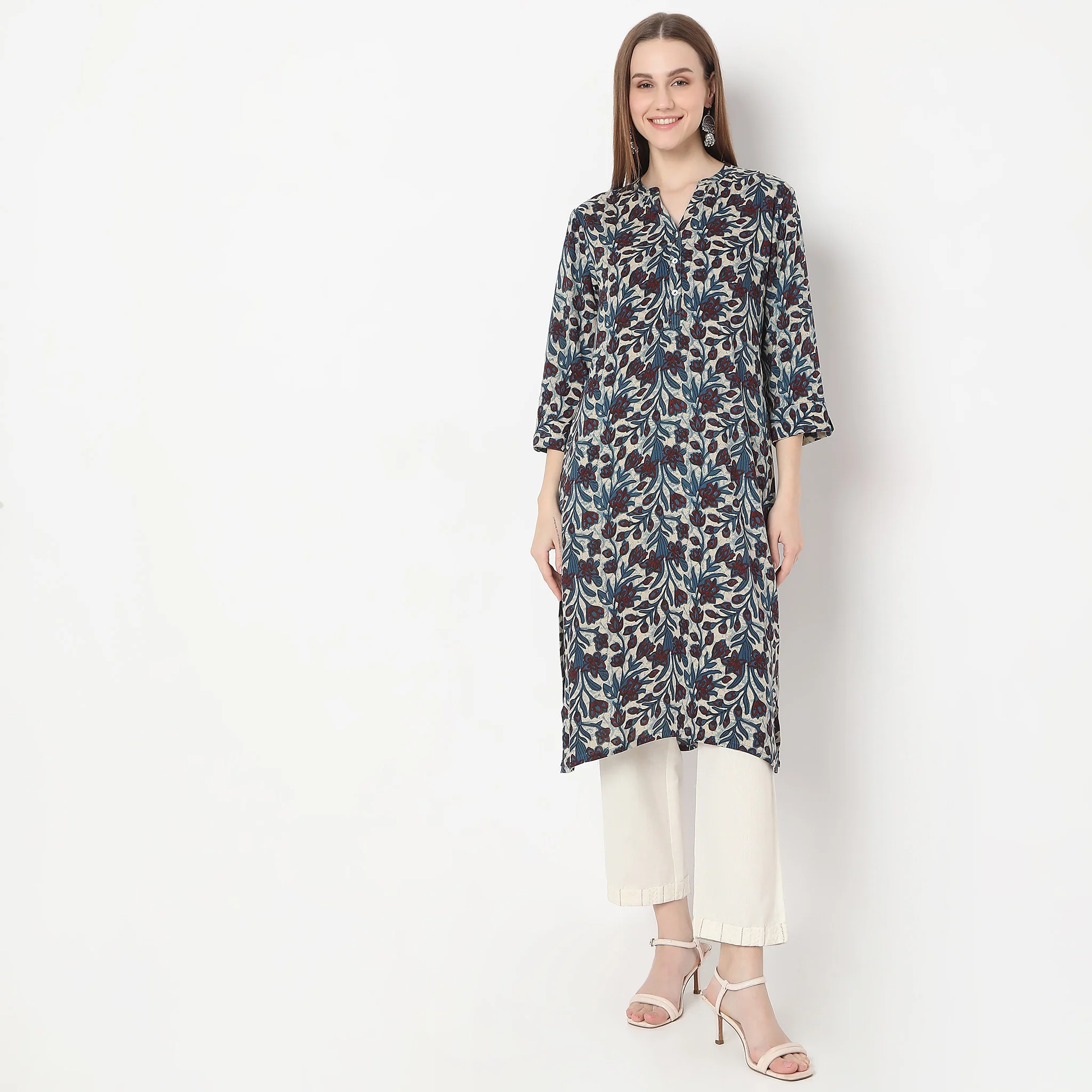 Printed Band Neck Kurta - Image 12