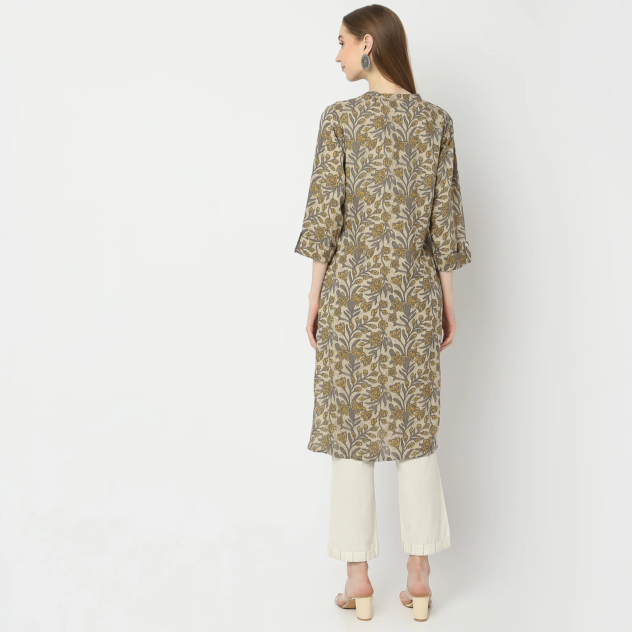 Printed Band Neck Kurta - Image 3