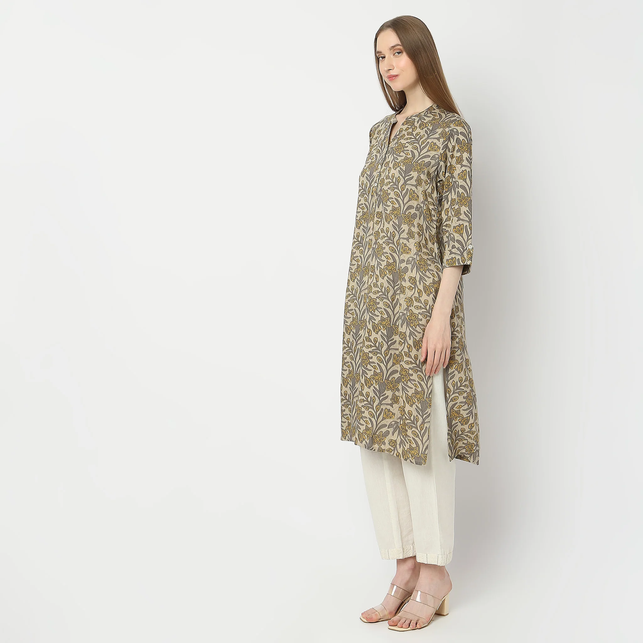 Printed Band Neck Kurta - Image 5