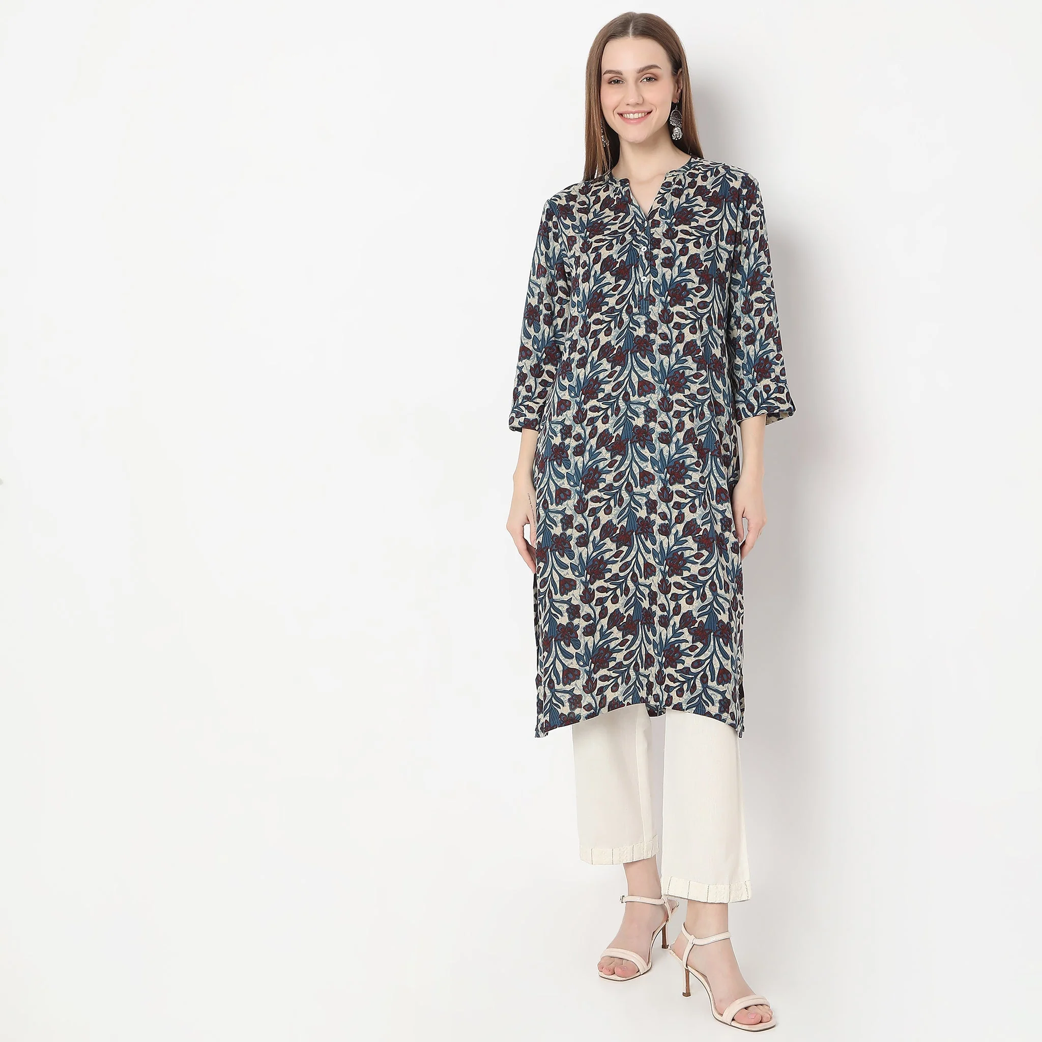 Printed Band Neck Kurta - Image 7