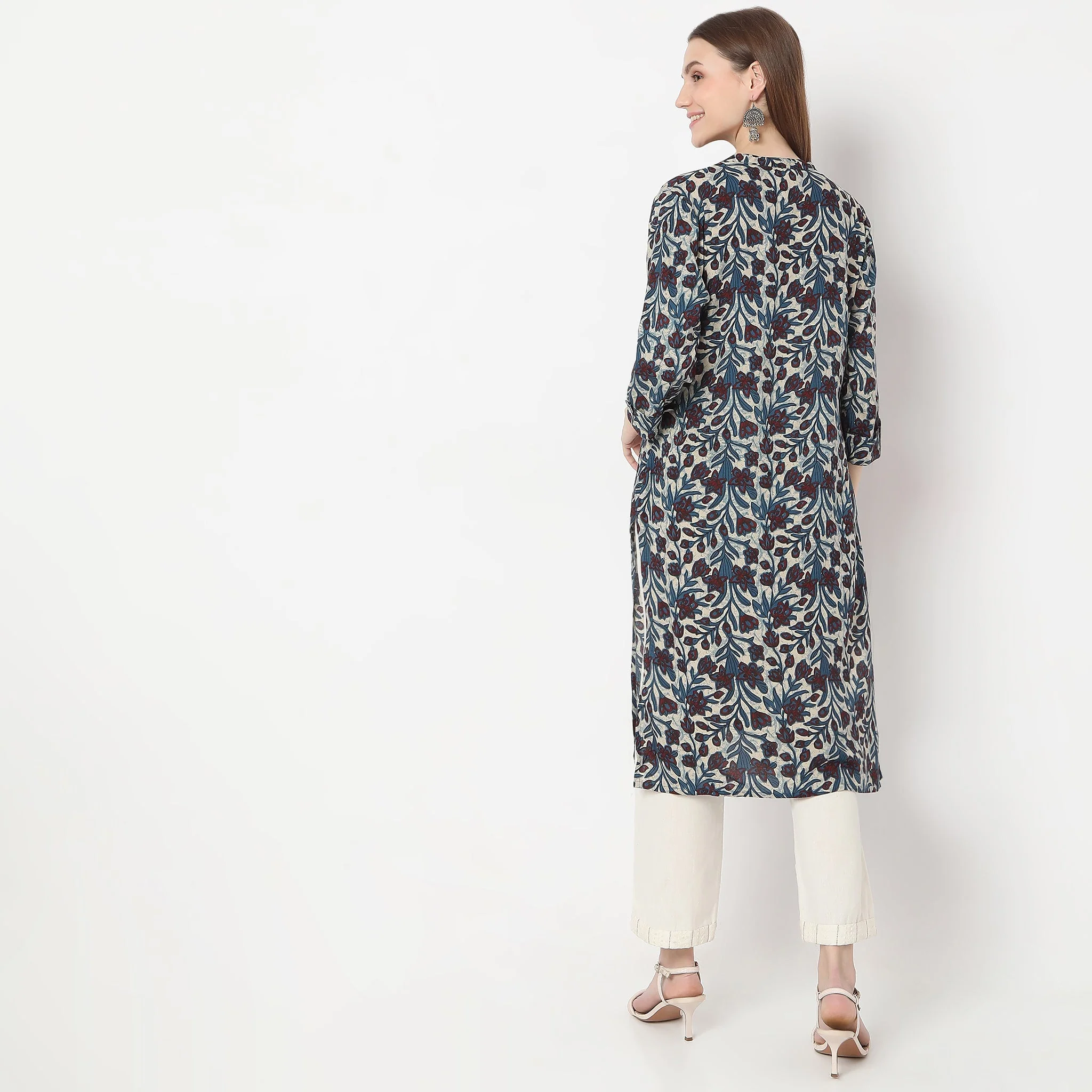 Printed Band Neck Kurta - Image 8