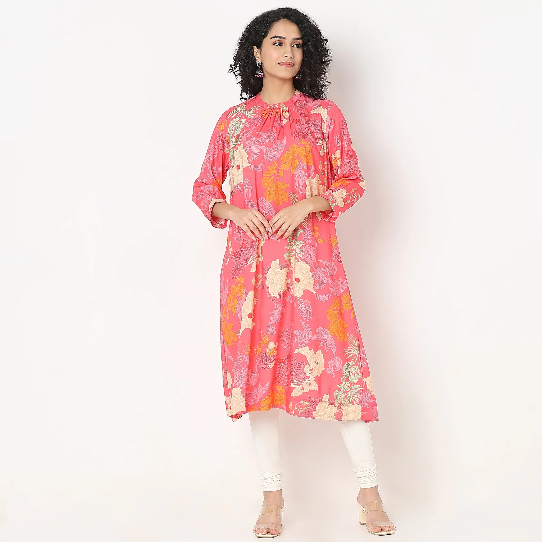Printed Knee Length Band Neck Straight Kurta - Image 2
