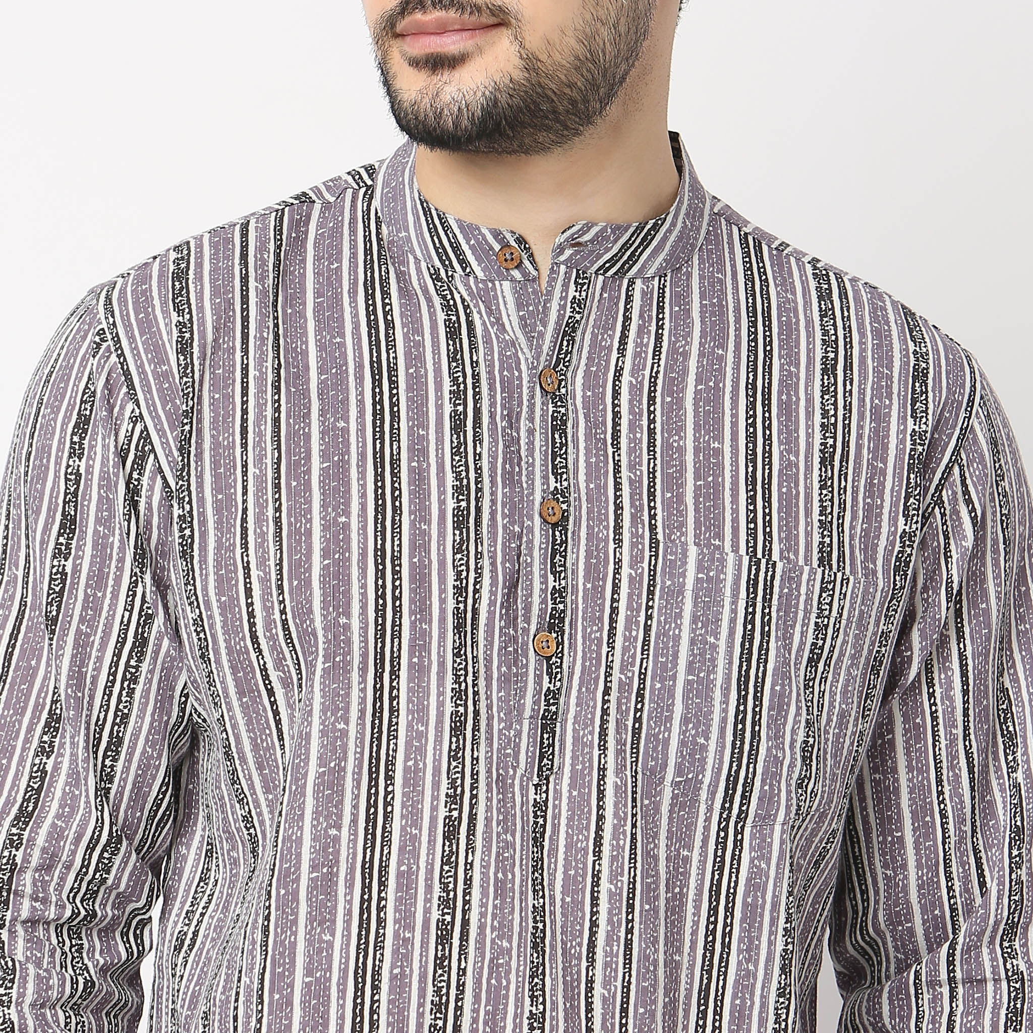Modern Ethnic - Short Kurta Shirt 100% Cotton - Band Collar - Regular Fit - Image 4