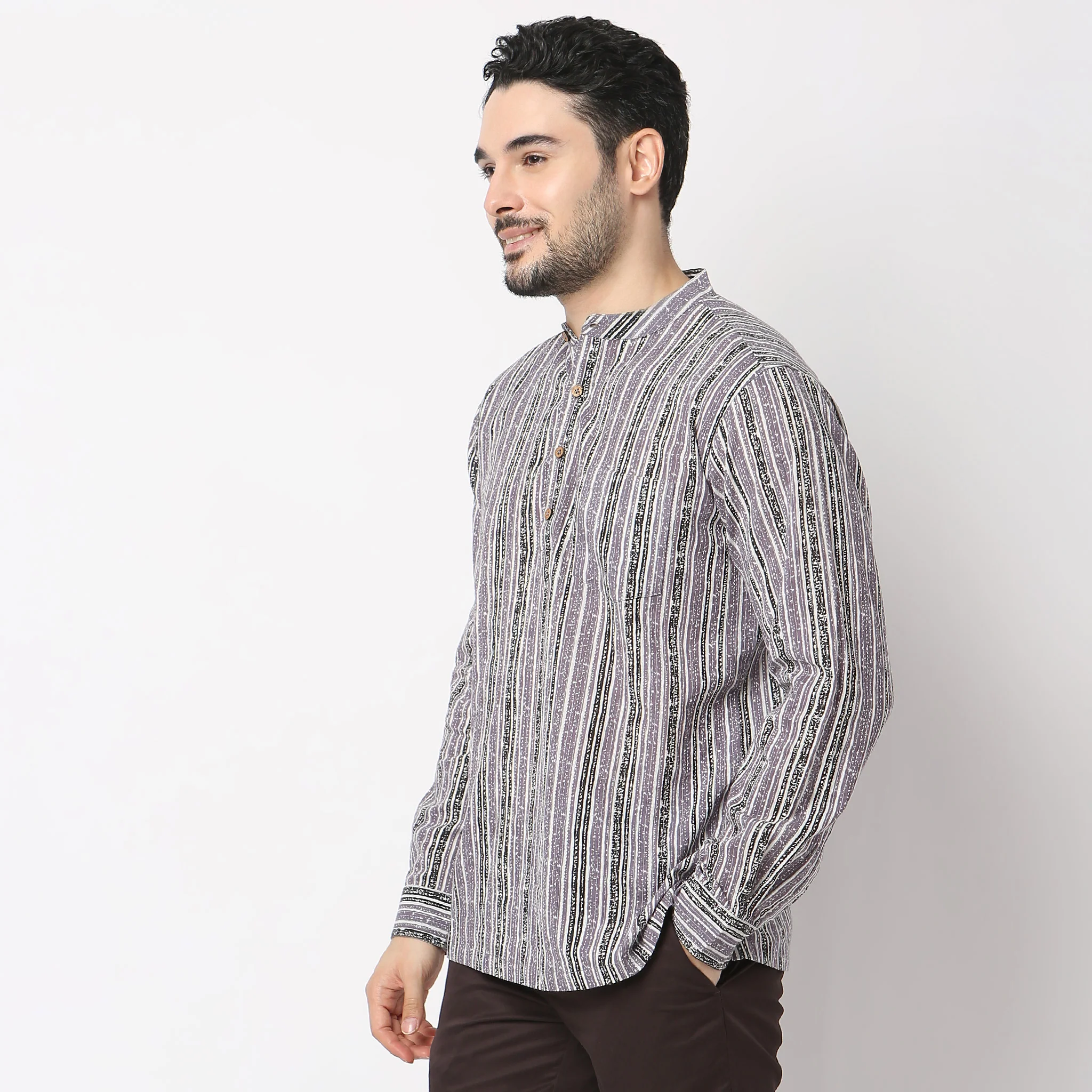 Modern Ethnic - Short Kurta Shirt 100% Cotton - Band Collar - Regular Fit - Image 5
