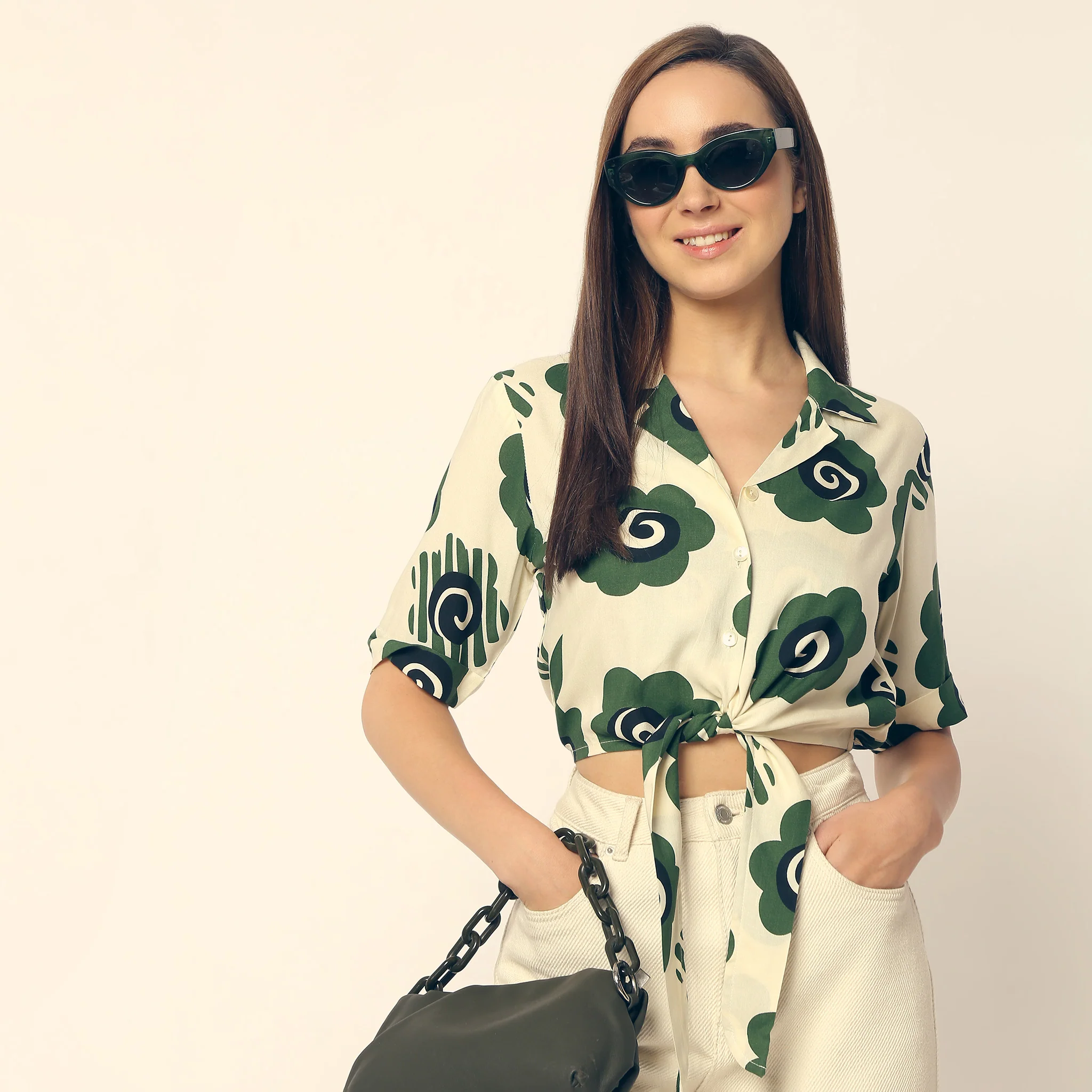 Printed Lapel Collar Short Sleeve Crop Top
