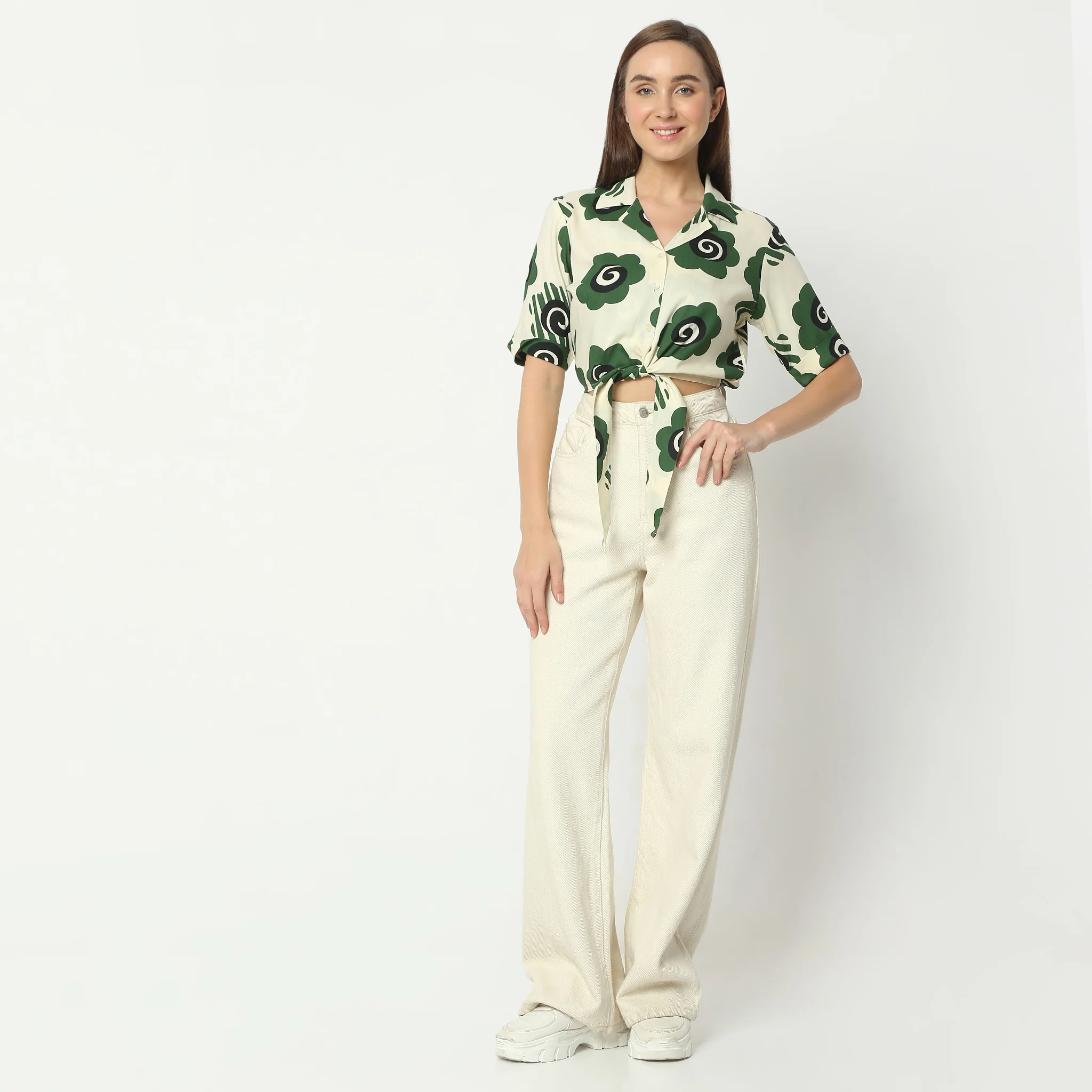 Printed Lapel Collar Short Sleeve Crop Top - Image 2