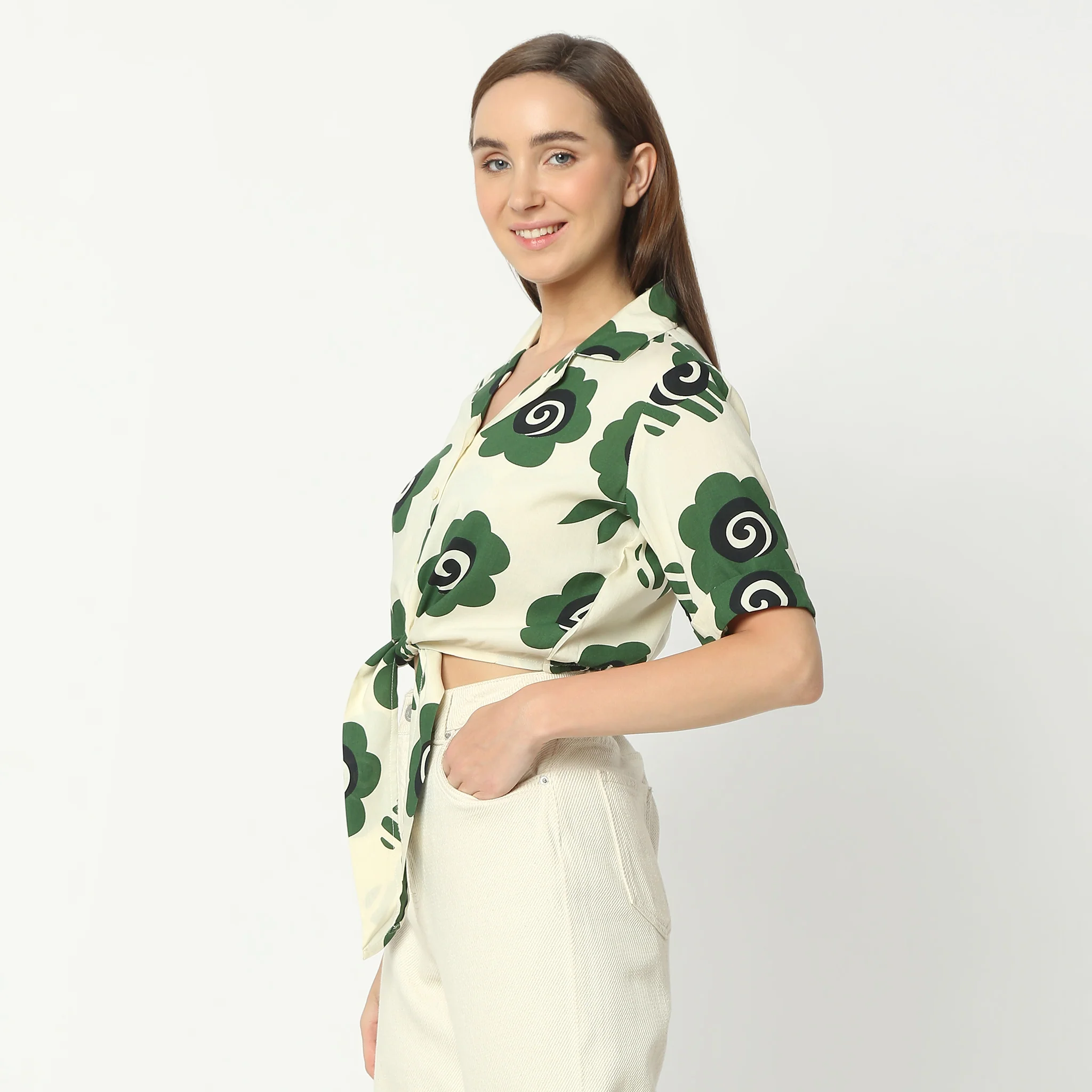 Printed Lapel Collar Short Sleeve Crop Top - Image 5