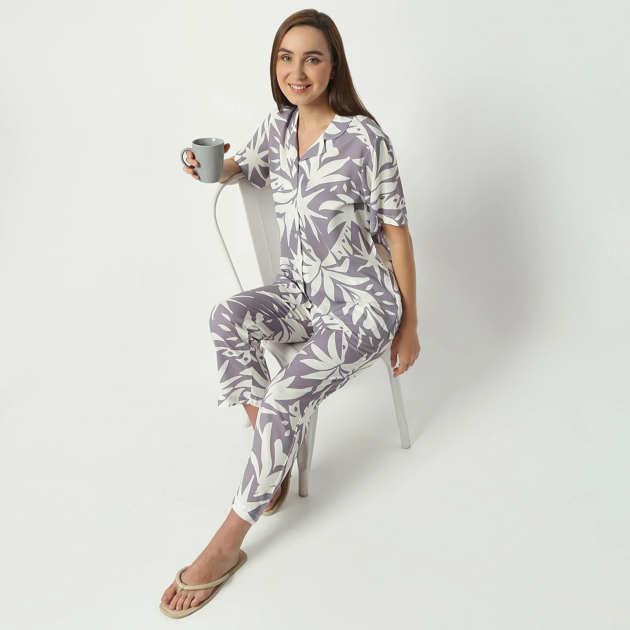 Printed Full Length Lapel Collar Short Sleeve Shirt With Pyjama Sleepwear Set