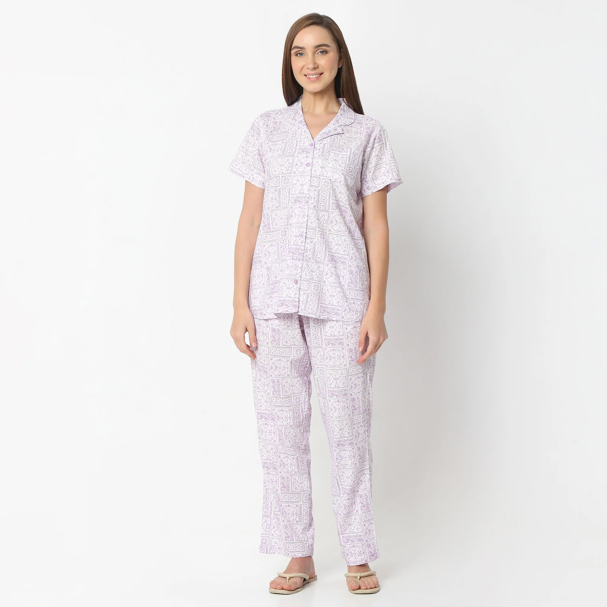Printed Lapel Collar Short Sleeve Shirt With Pyjama Sleepwear Set - Image 2