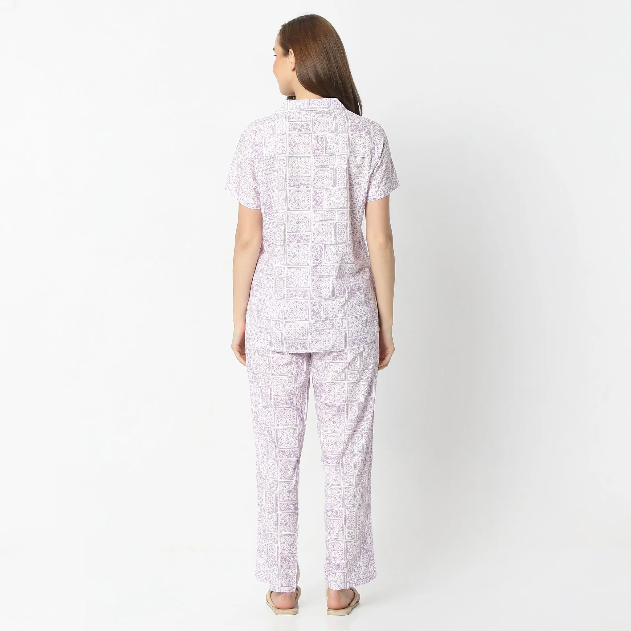 Printed Lapel Collar Short Sleeve Shirt With Pyjama Sleepwear Set - Image 3