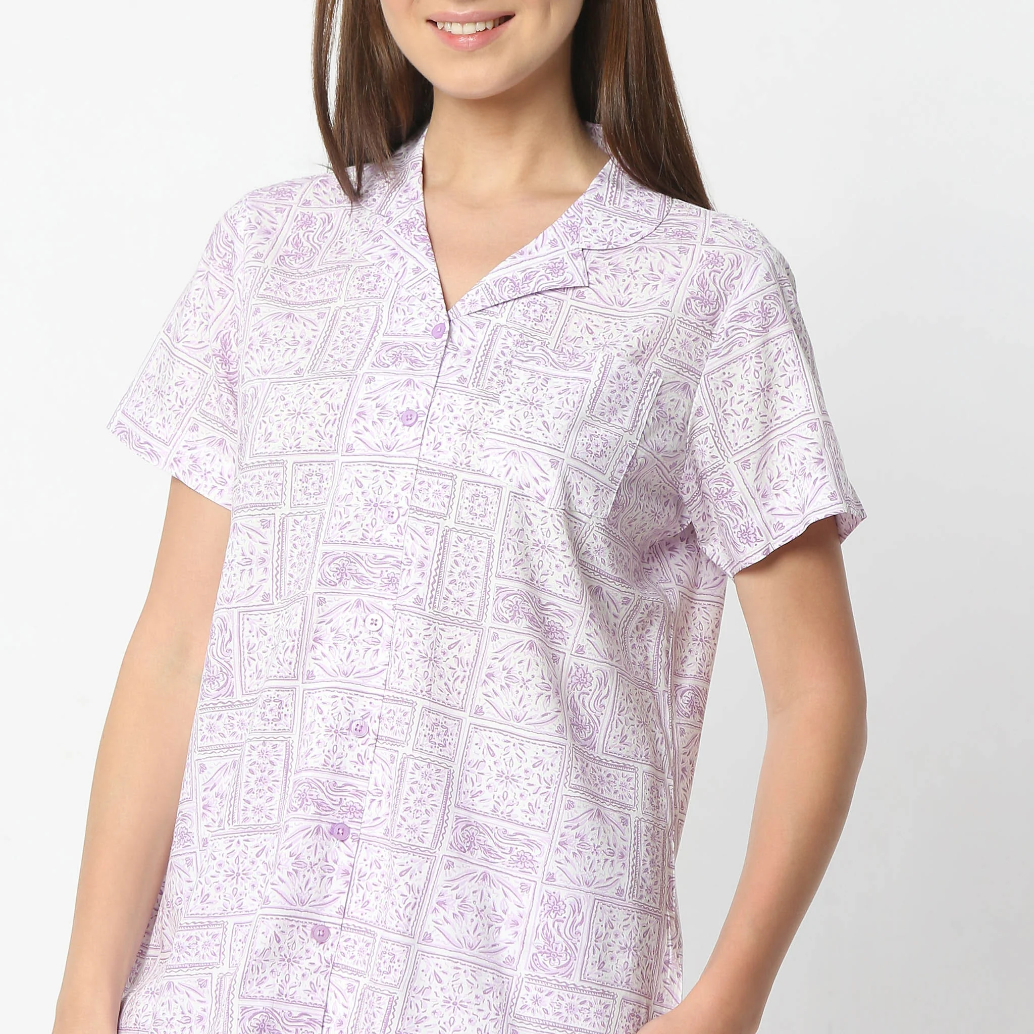 Printed Lapel Collar Short Sleeve Shirt With Pyjama Sleepwear Set - Image 4