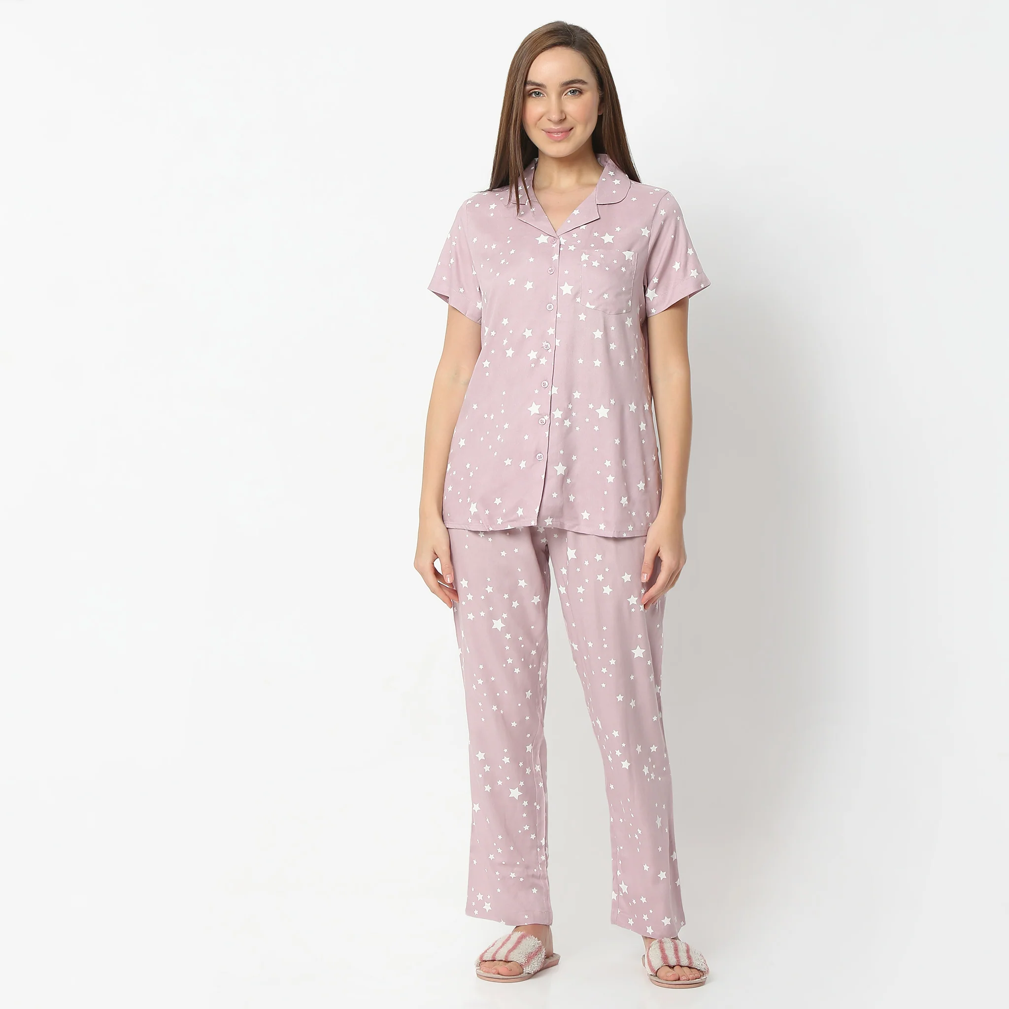 Printed Lapel Collar Short Sleeve Shirt With Pyjama Sleepwear Set - Image 2