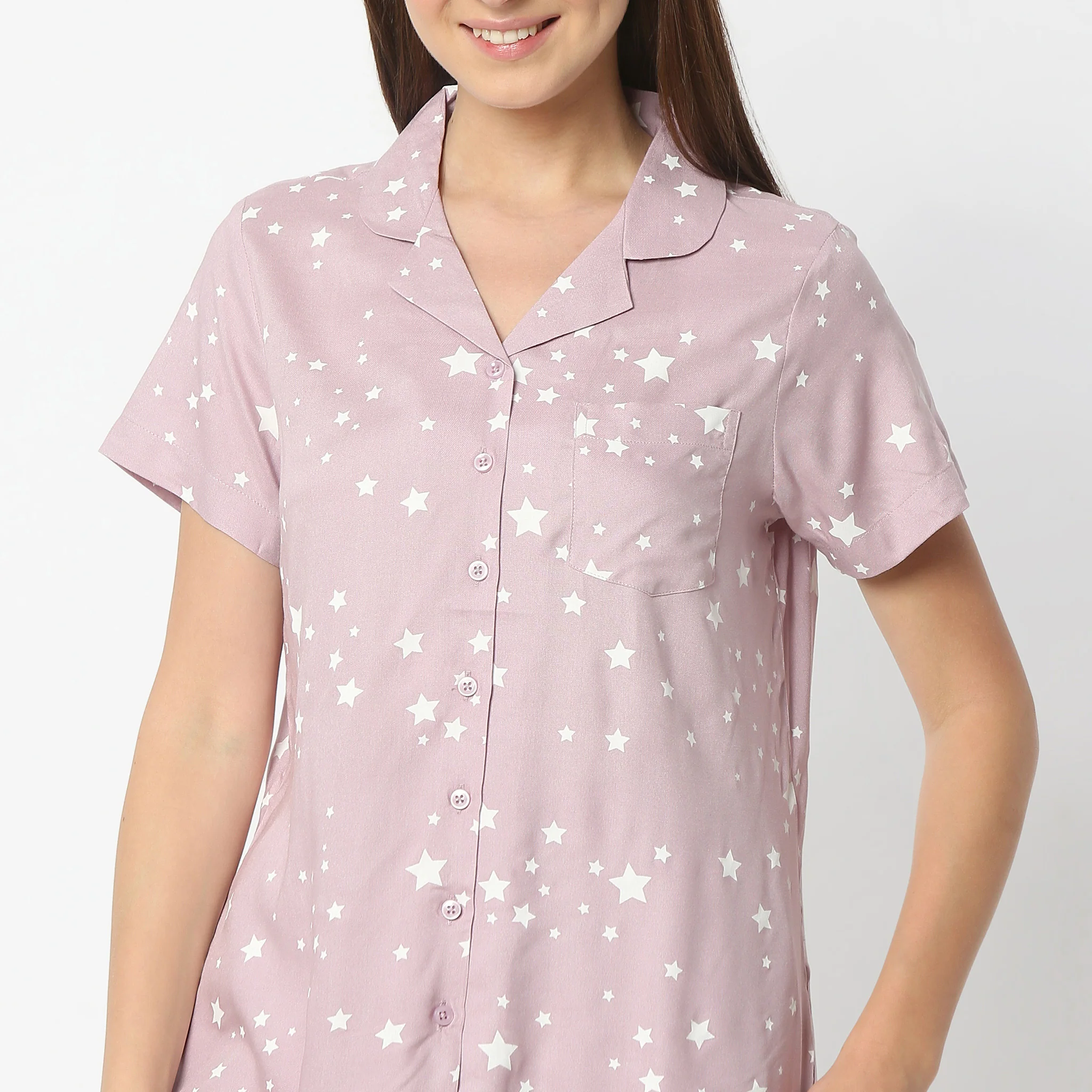 Printed Lapel Collar Short Sleeve Shirt With Pyjama Sleepwear Set - Image 4
