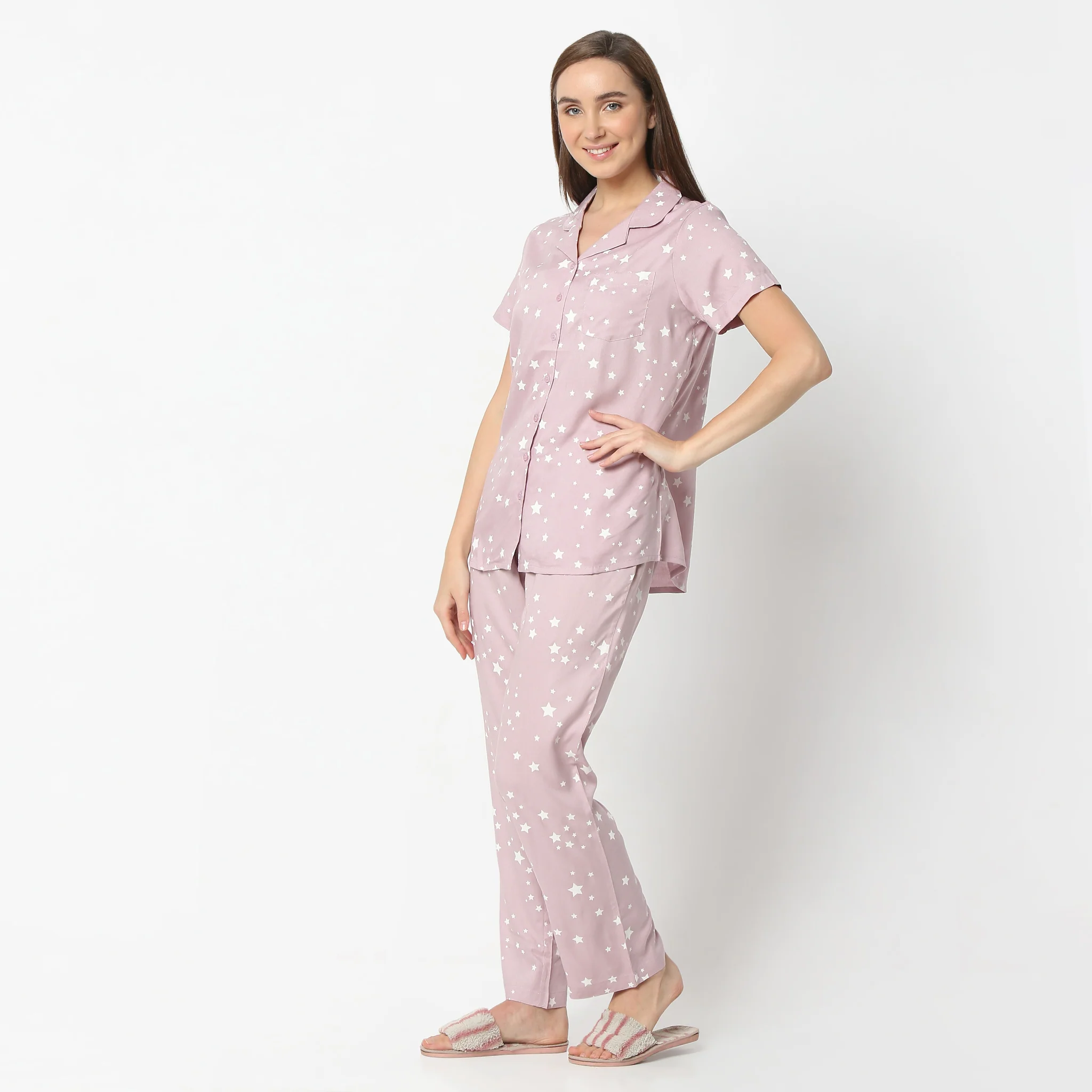 Printed Lapel Collar Short Sleeve Shirt With Pyjama Sleepwear Set - Image 5