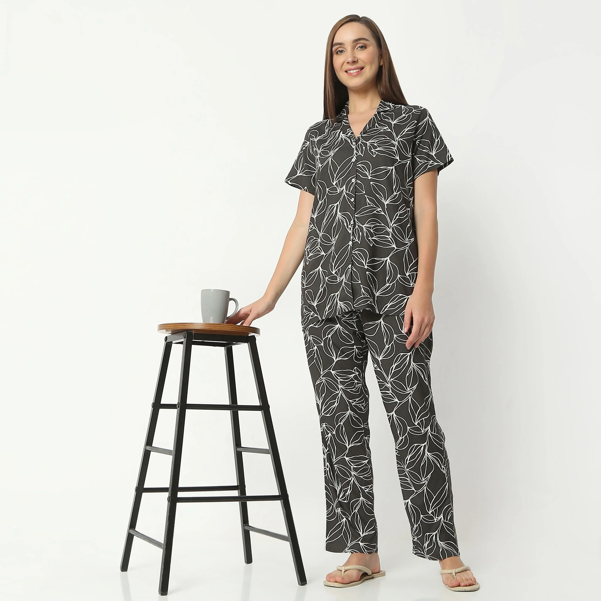 Printed Lapel Collar Short Sleeve Shirt With Pyjama Sleepwear Set