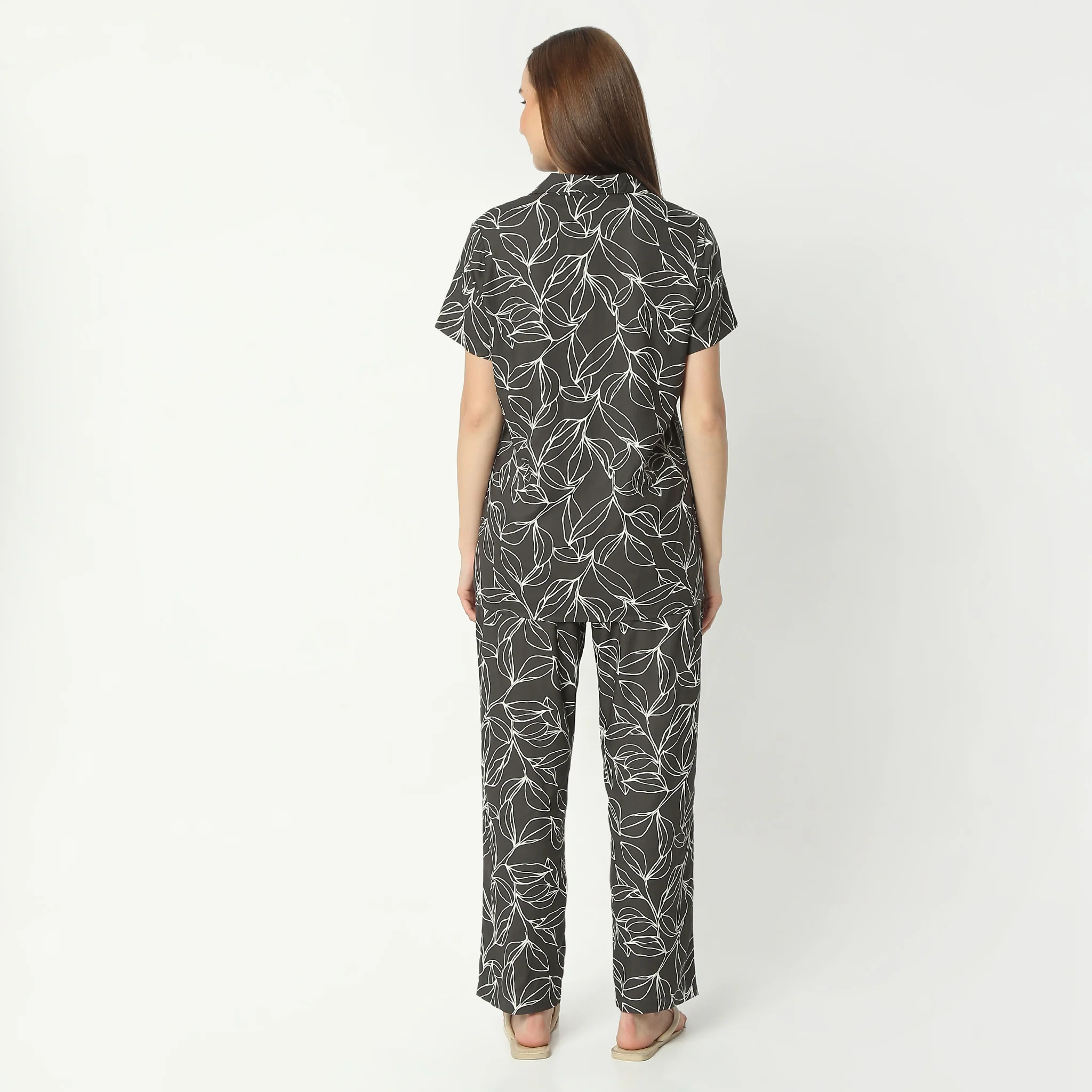 Printed Lapel Collar Short Sleeve Shirt With Pyjama Sleepwear Set - Image 3