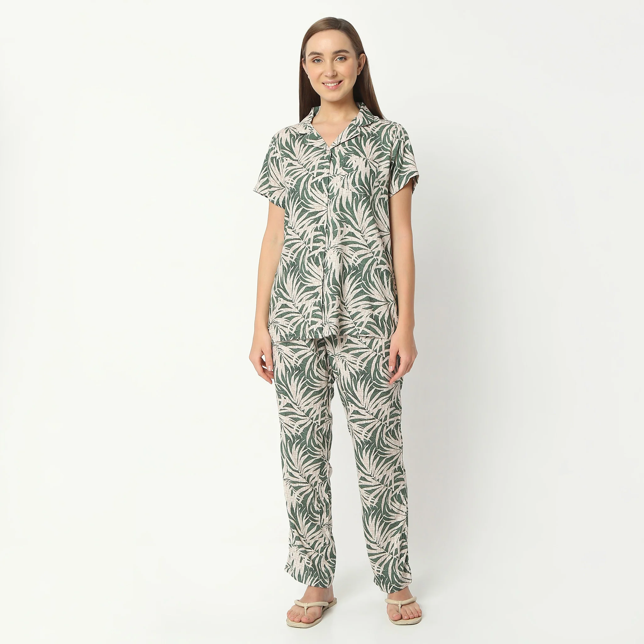 Printed Lapel Collar Short Sleeve Shirt With Pyjama Sleepwear Set - Image 2