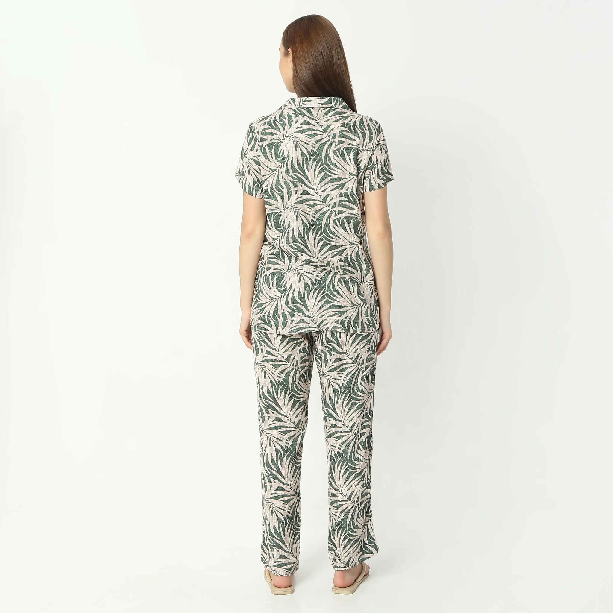 Printed Lapel Collar Short Sleeve Shirt With Pyjama Sleepwear Set - Image 3