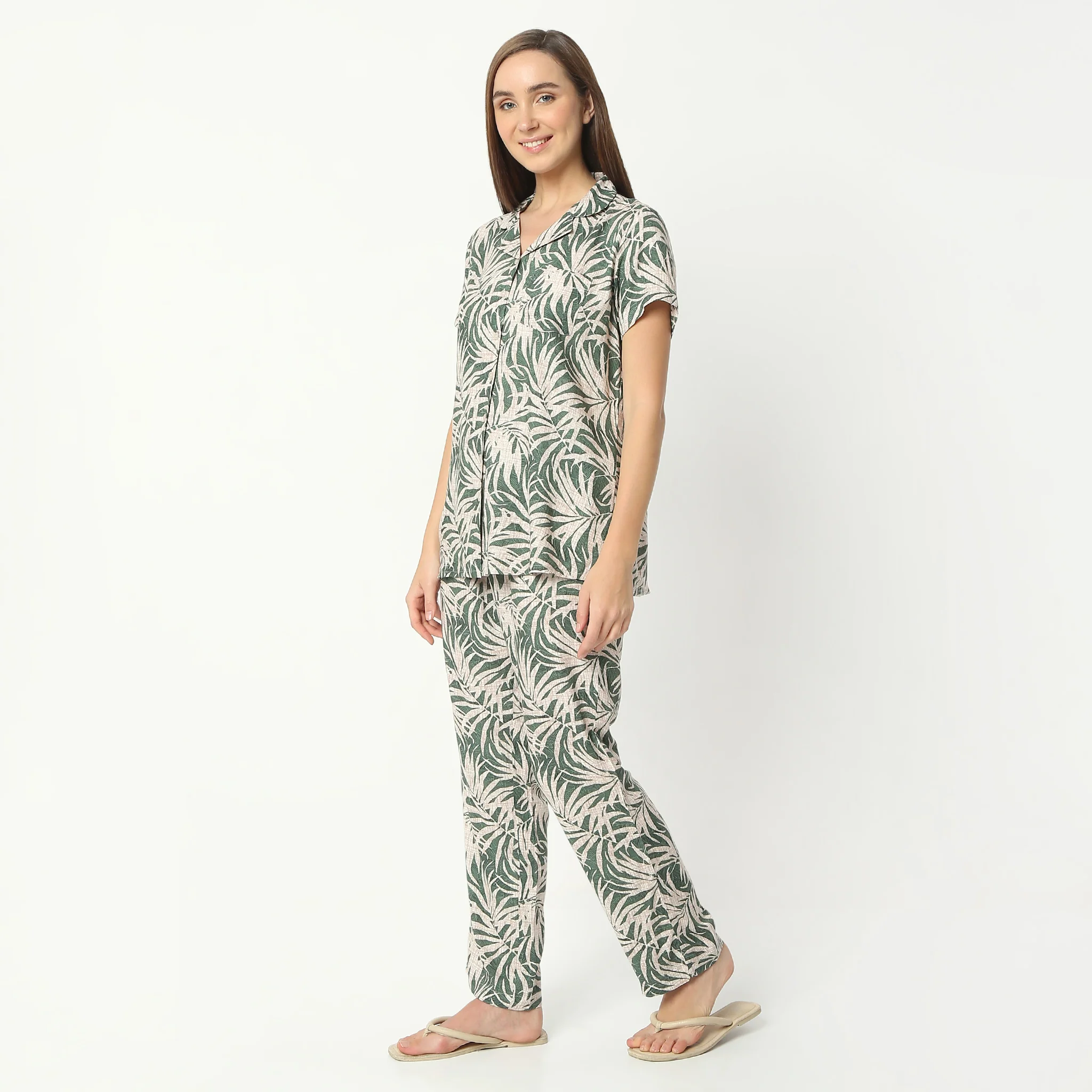 Printed Lapel Collar Short Sleeve Shirt With Pyjama Sleepwear Set - Image 5