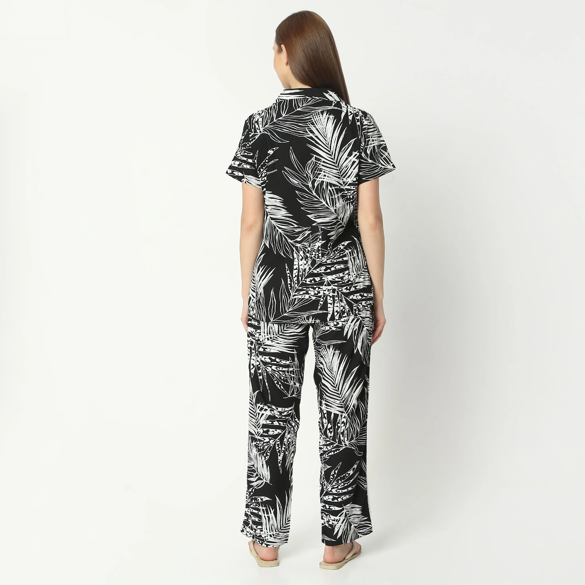 Printed Lapel Collar Short Sleeve Shirt With Pyjama Sleepwear Set - Image 3