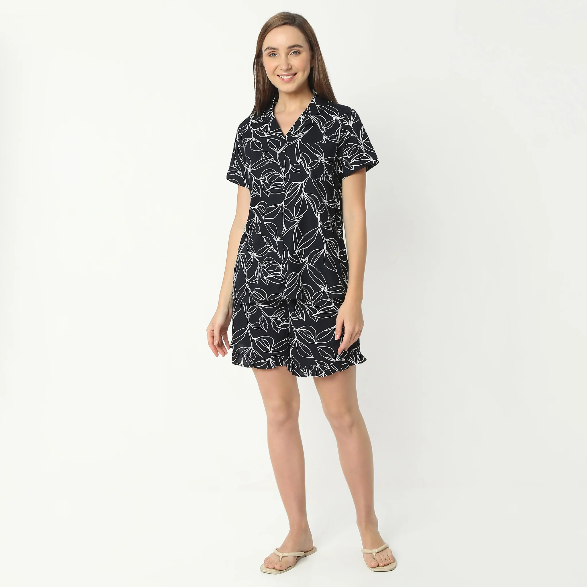 Printed Lapel Collar Short Sleeve Shirt With Shorts Sleepwear Set - Image 2