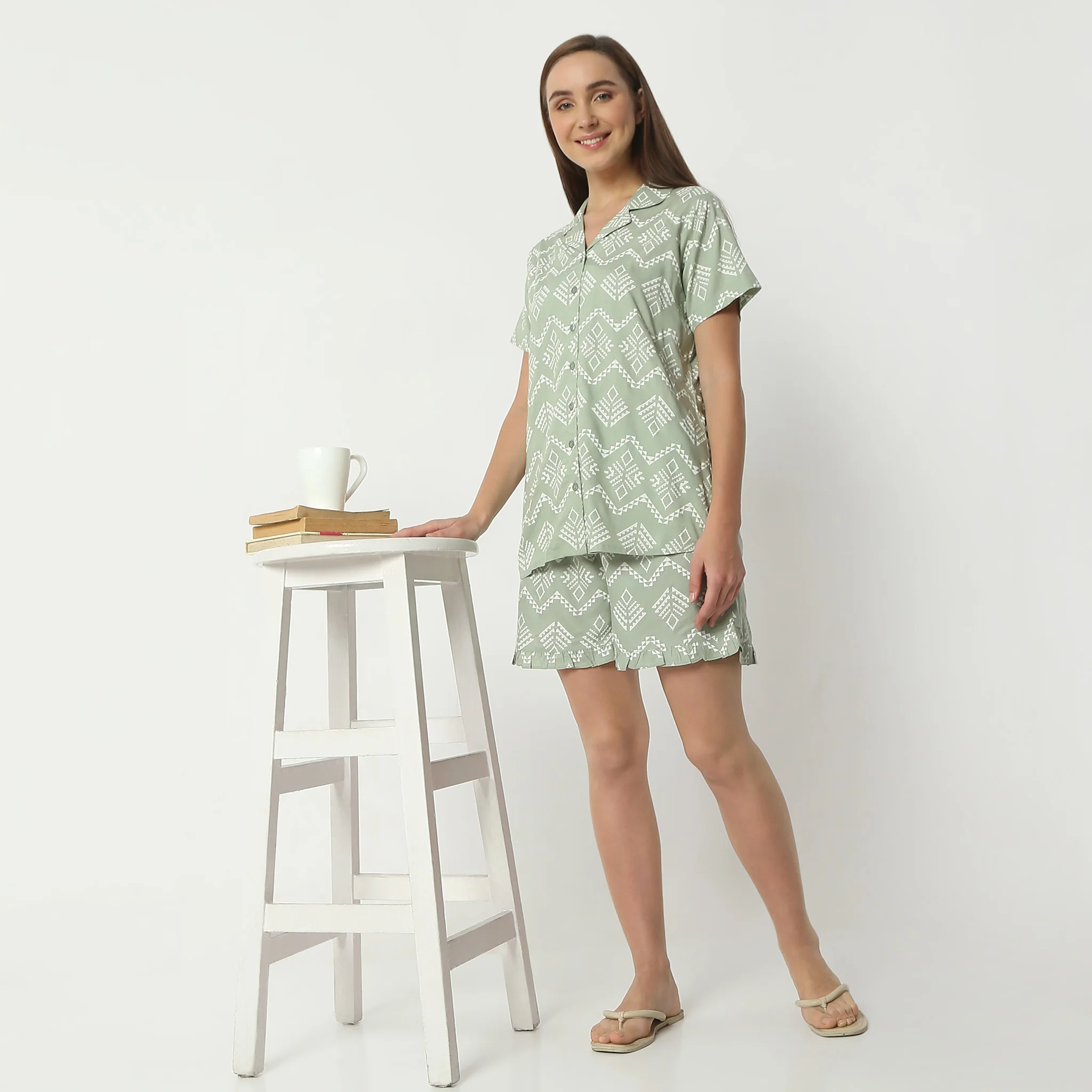 Printed Lapel Collar Short Sleeve Shirt With Shorts Sleepwear Set