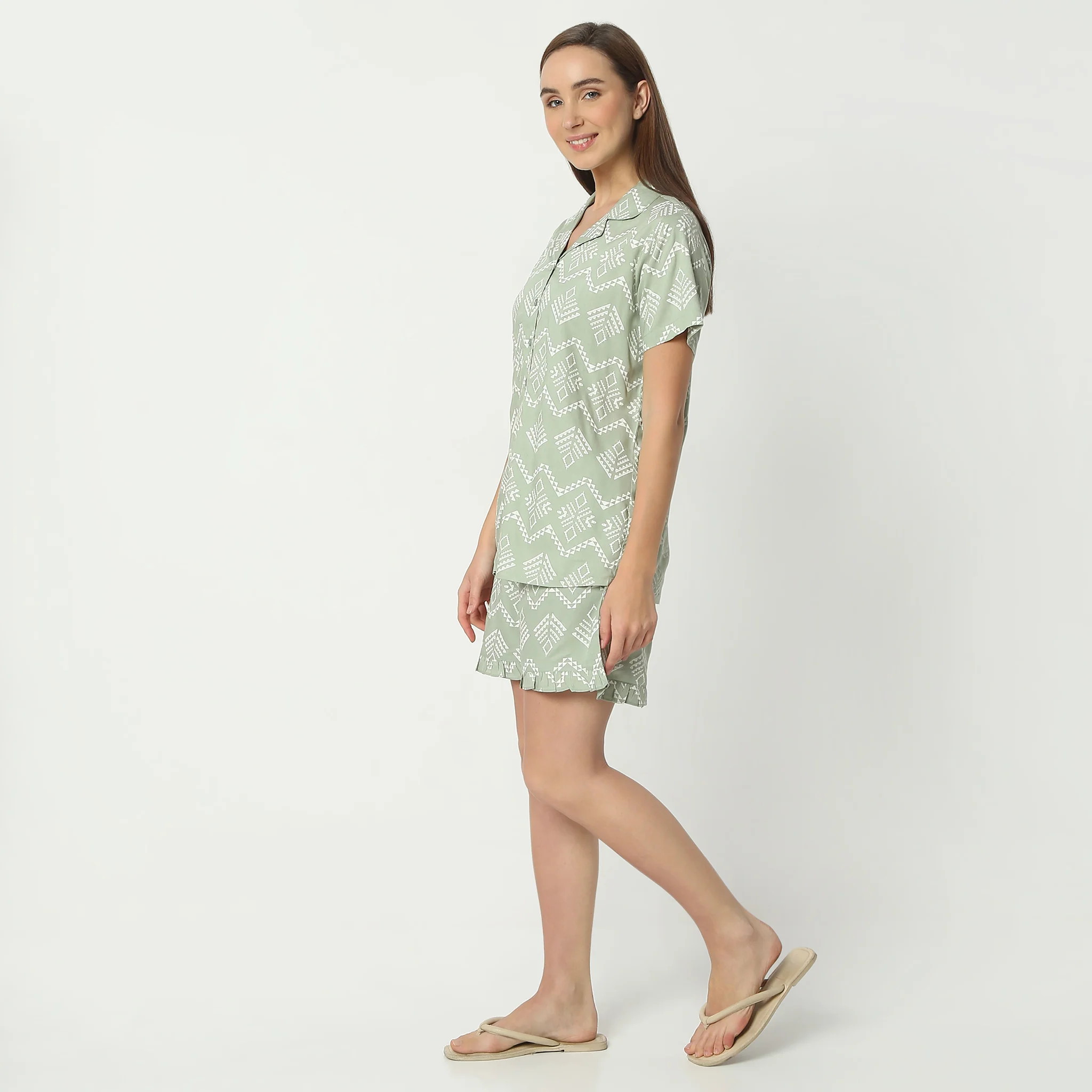Printed Lapel Collar Short Sleeve Shirt With Shorts Sleepwear Set - Image 5