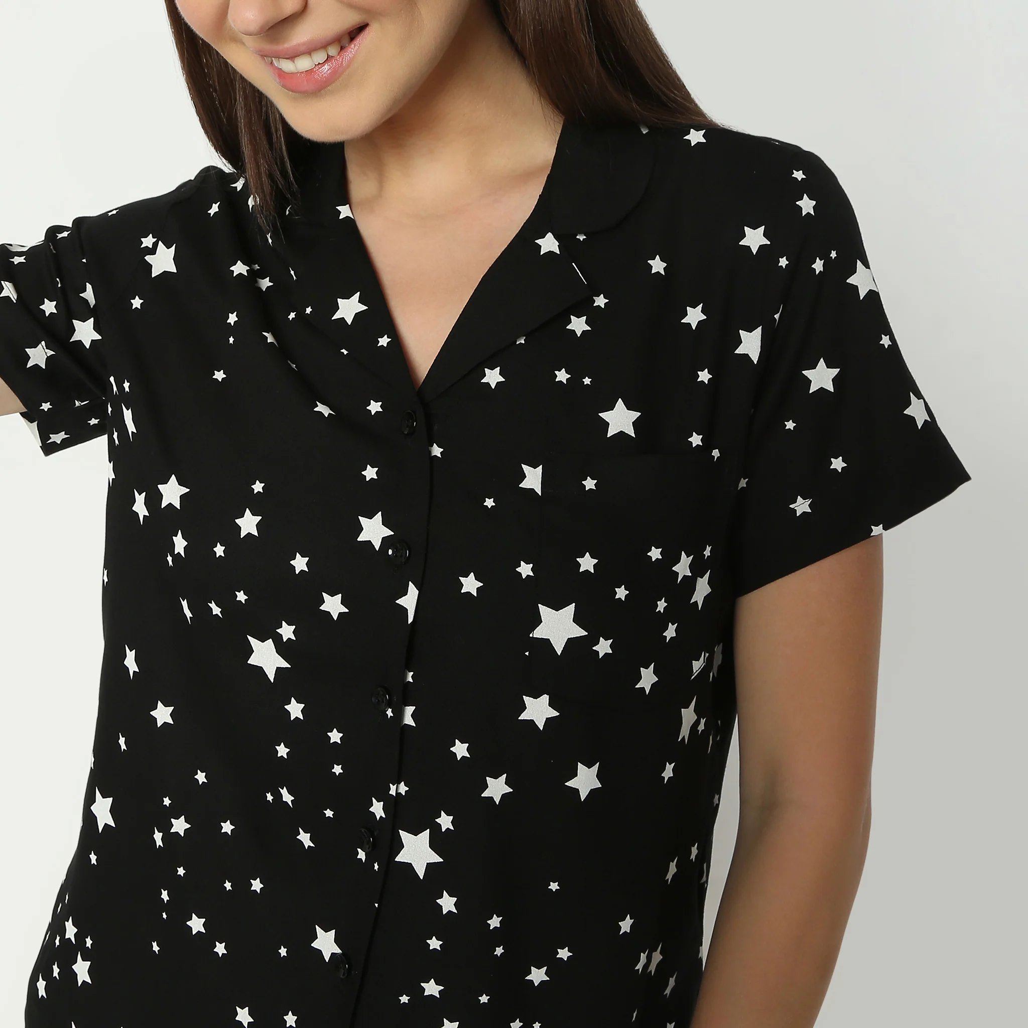 Printed Lapel Collar Short Sleeve Shirt With Shorts Sleepwear Set - Image 4