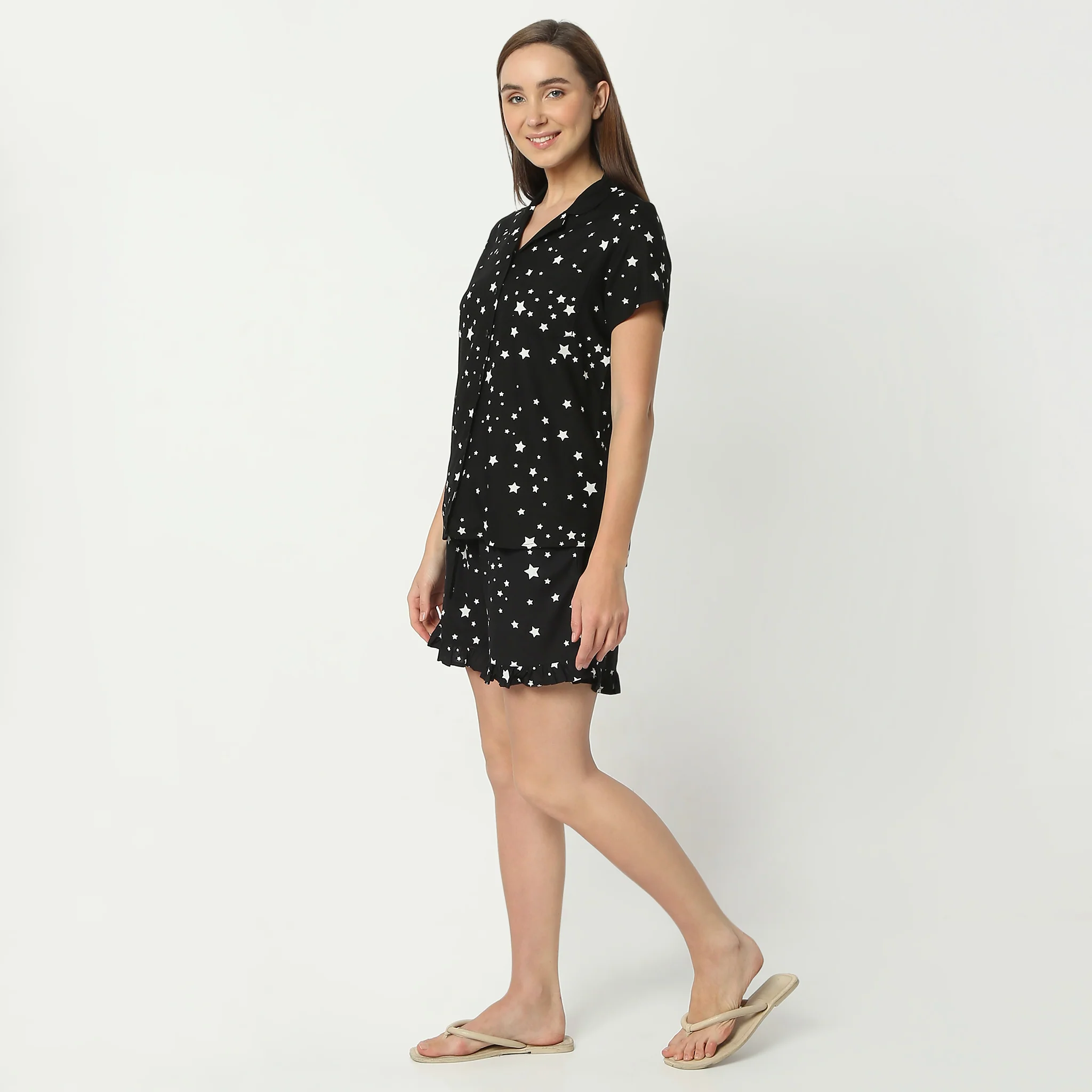 Printed Lapel Collar Short Sleeve Shirt With Shorts Sleepwear Set - Image 5