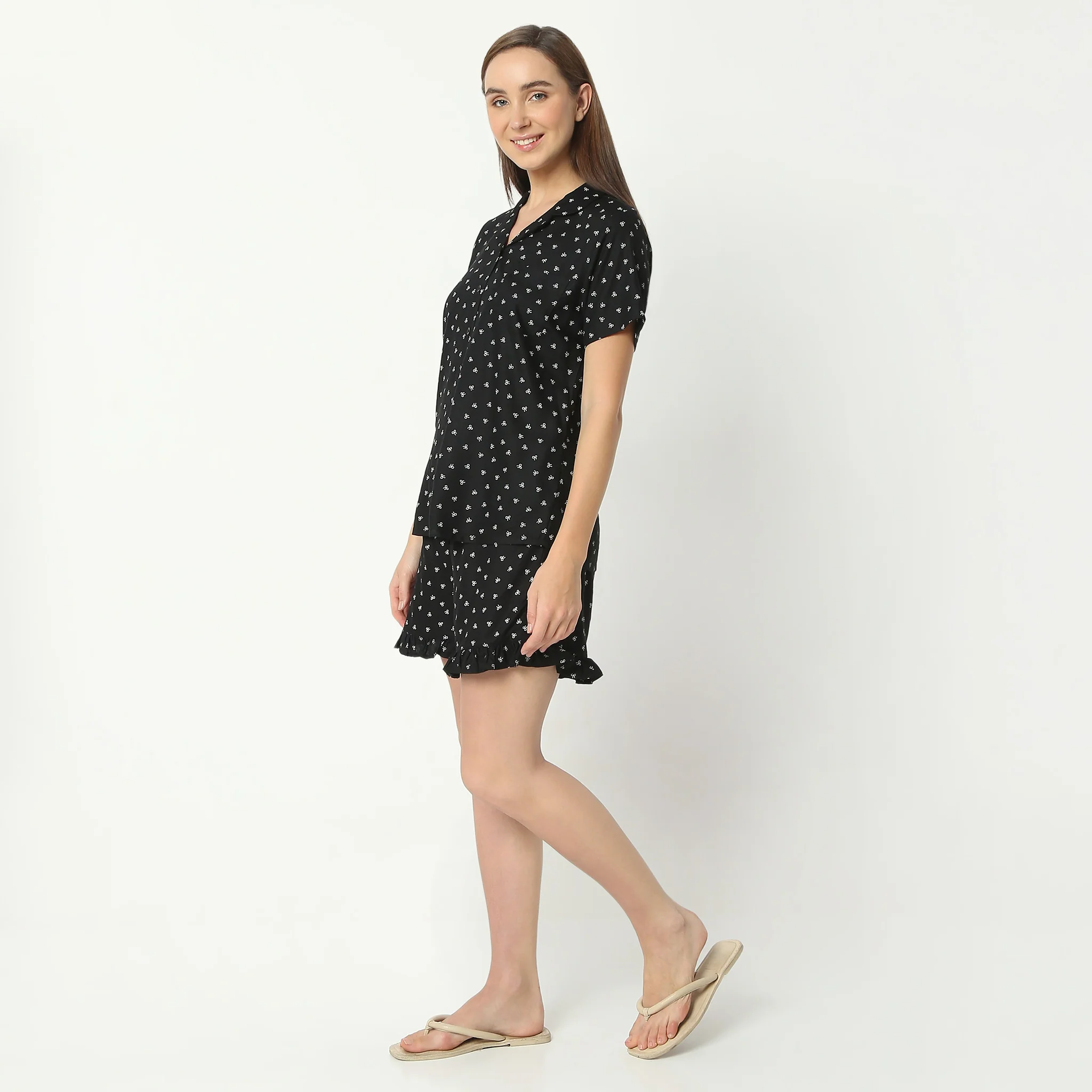 Printed Lapel Collar Short Sleeve Shirt With Shorts Sleepwear Set - Image 5