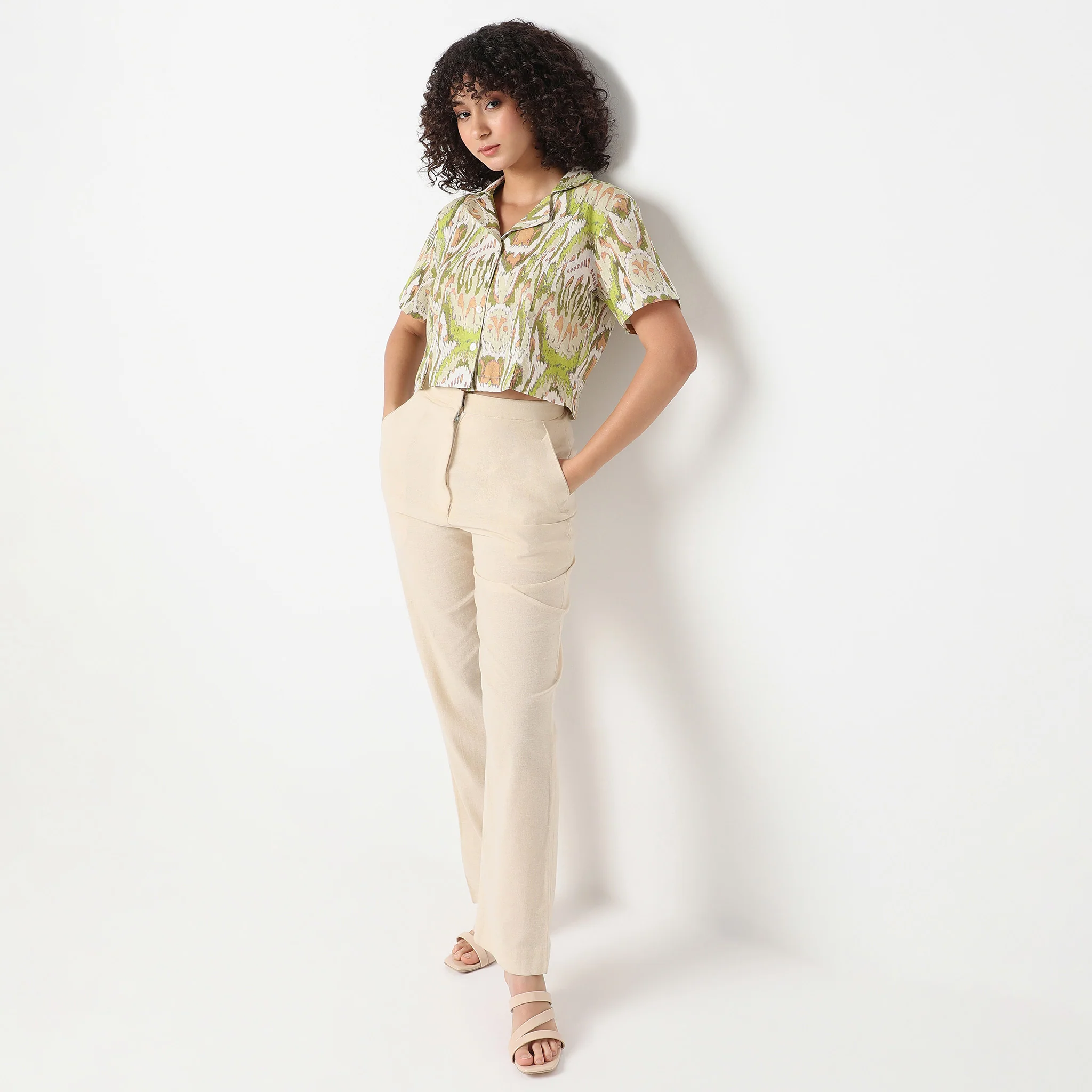 Lapel Collar Half Sleeve Straight Fit Printed Crop Top