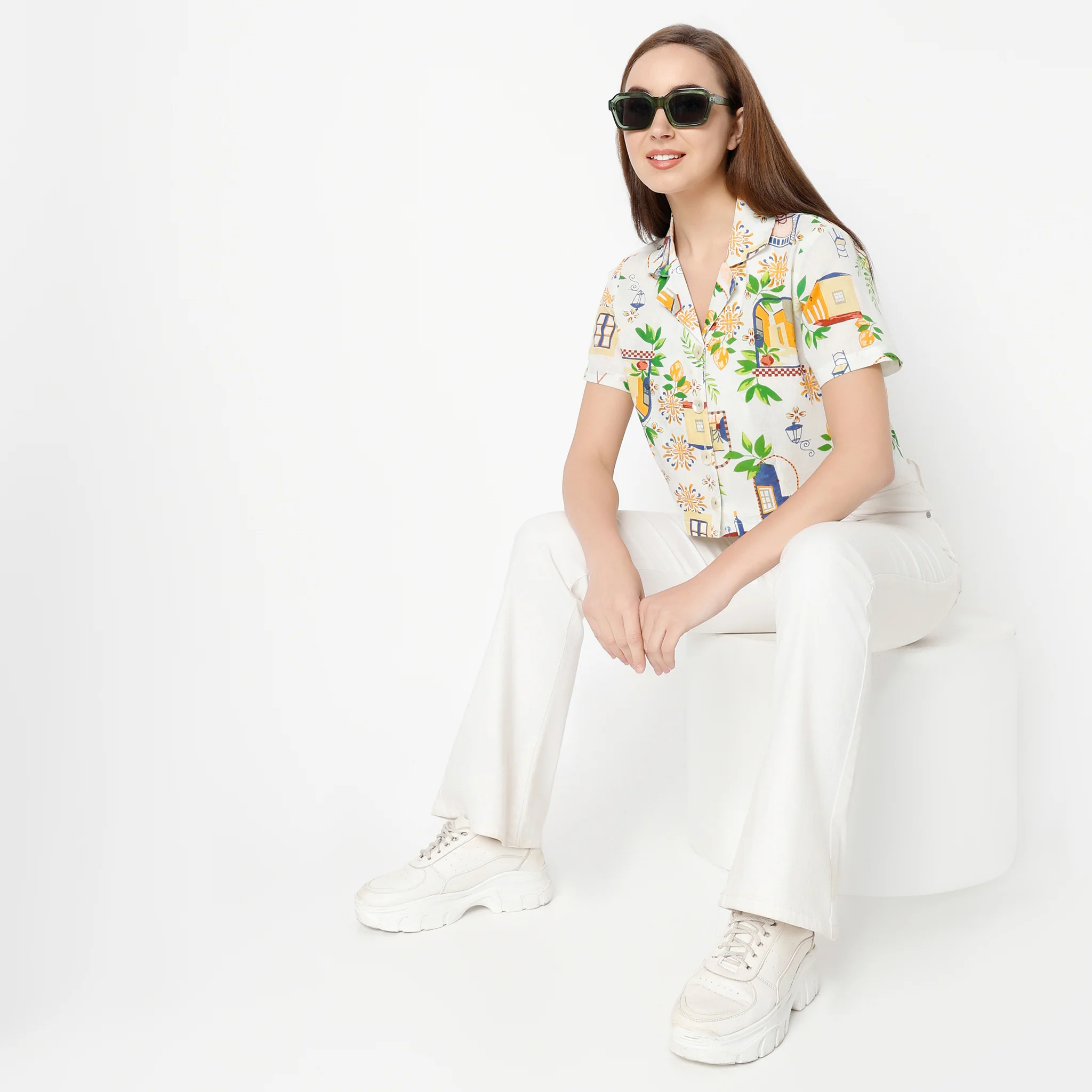 Lapel Collar Half Sleeve All Over Print Crop Top