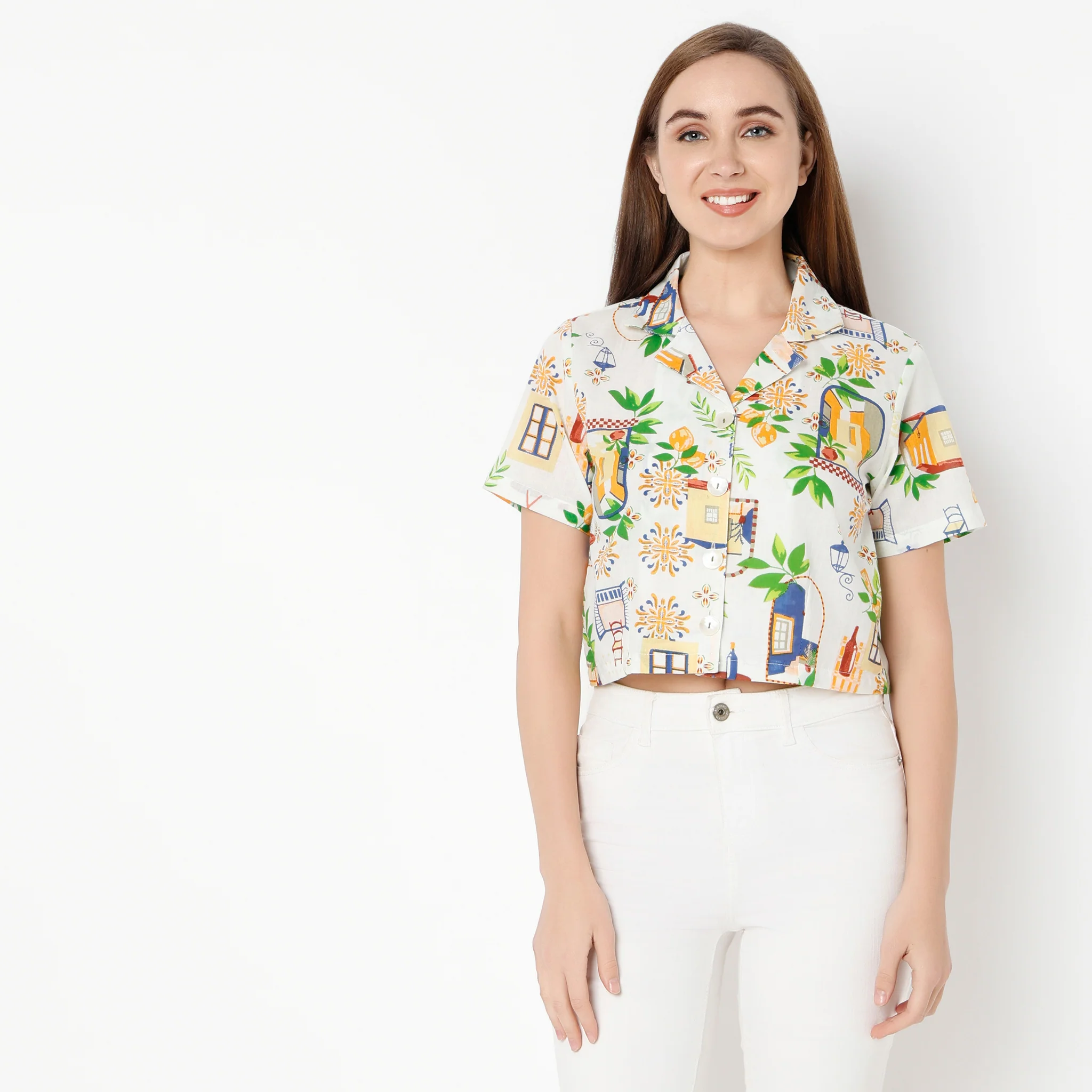 Lapel Collar Half Sleeve All Over Print Crop Top - Image 2