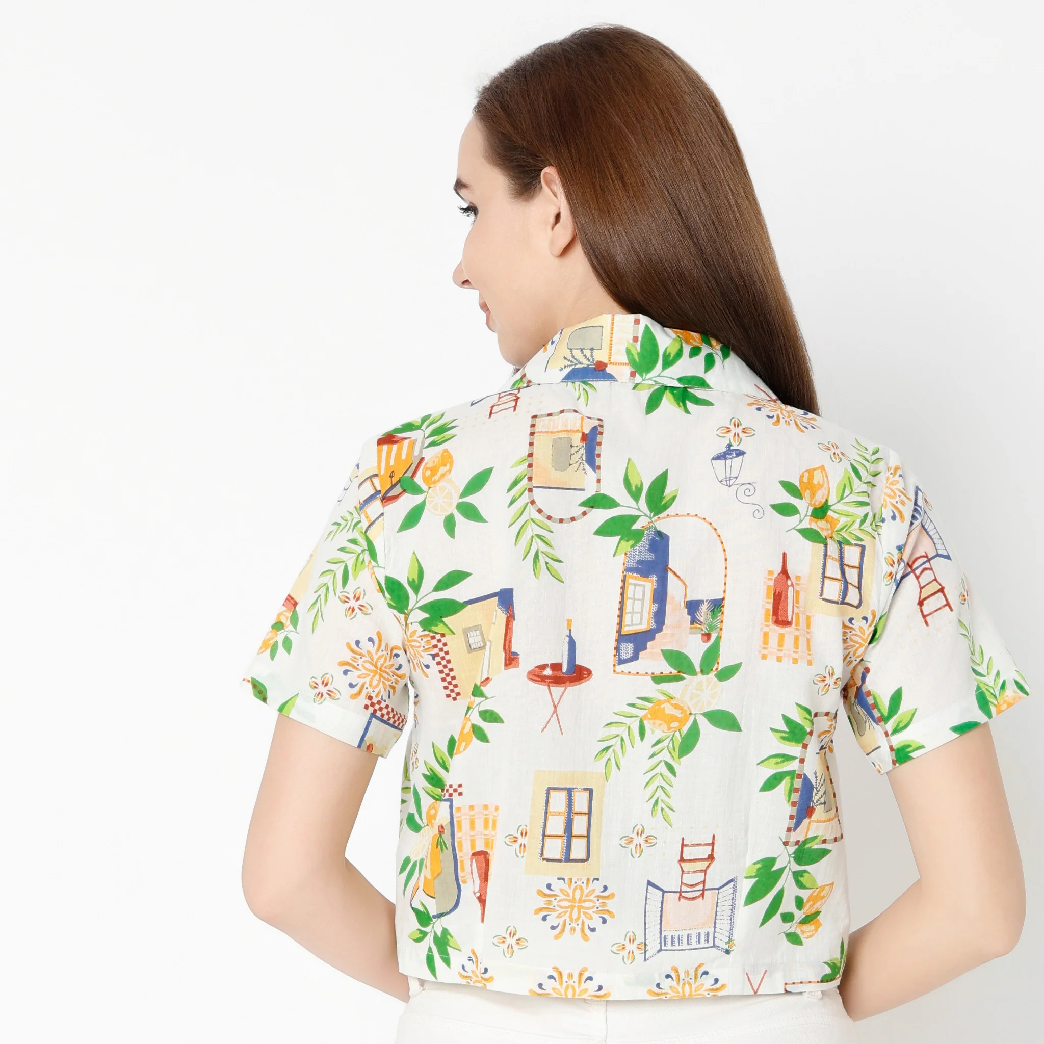 Lapel Collar Half Sleeve All Over Print Crop Top - Image 3
