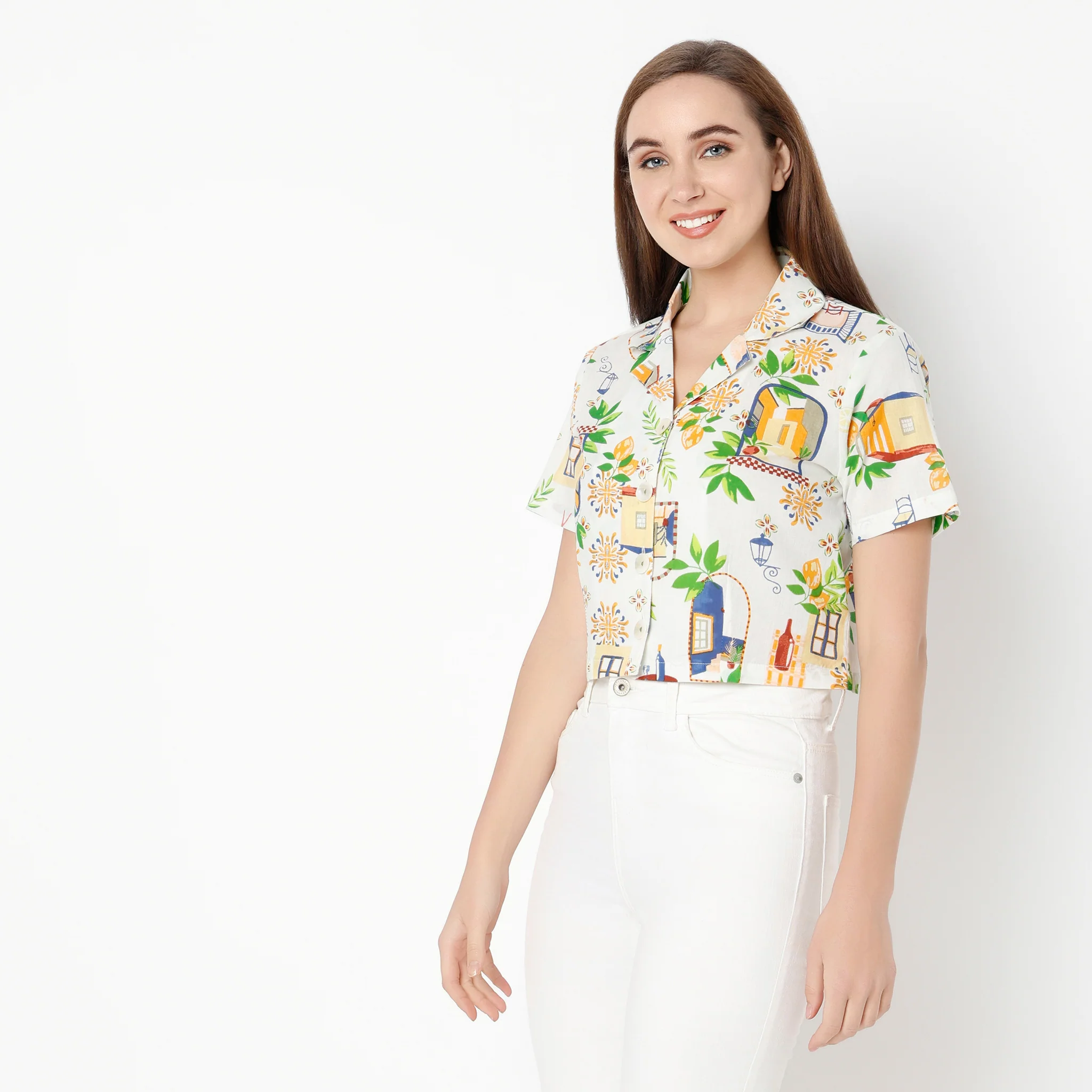 Lapel Collar Half Sleeve All Over Print Crop Top - Image 5